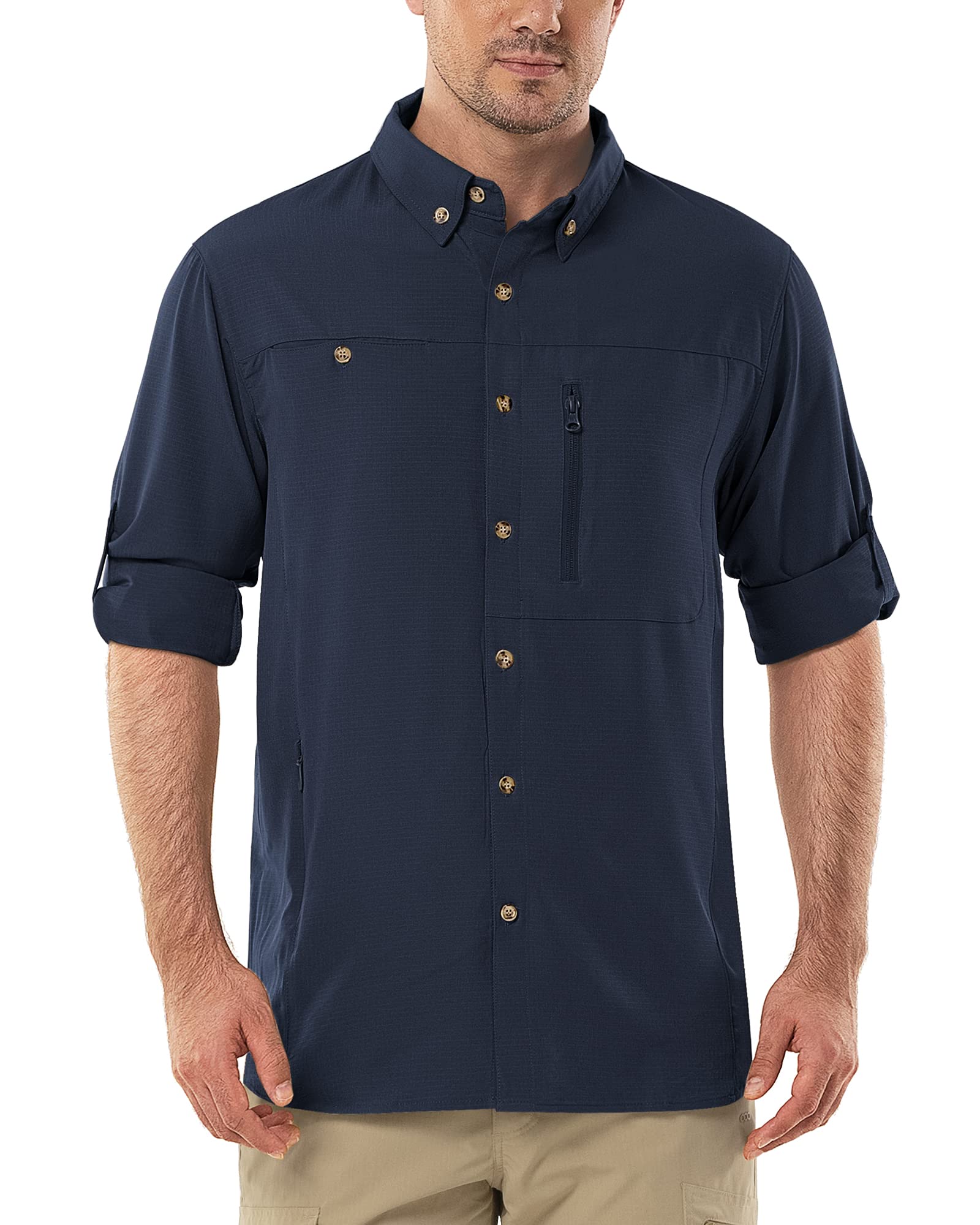 Camicia da uomo a maniche lunghe, da uomo, ad asciugatura rapida, leggera, funzionale, traspirante, 50+, protezione UV con tasche, per pesca, corsa, escursionismo, campeggio