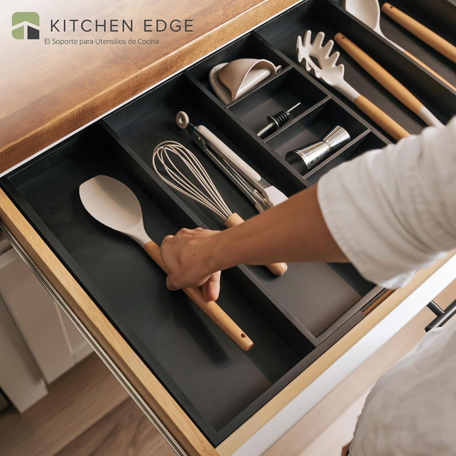 KitchenEdge Organizador de cajones de cocina ajustable para utensilios y basura, expandible de 19 a 33 pulgadas de ancho, 9 compartimentos, acabado negro de grado contrato seguro para alimentos