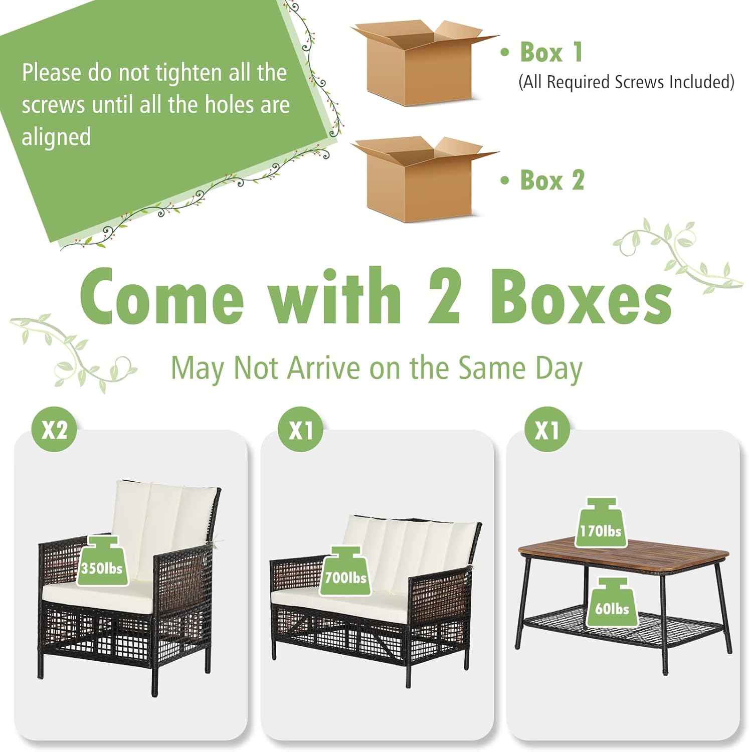 Tangkula 4 Pieces Patio Furniture Set, Outdoor PE Wicker Conversation Set with 2-Tier Coffee Table, Acacia Wood Tabletop & Extra Storage Shelf, Outdoor Furniture Sofa Set w/Cushions (1, Off White)