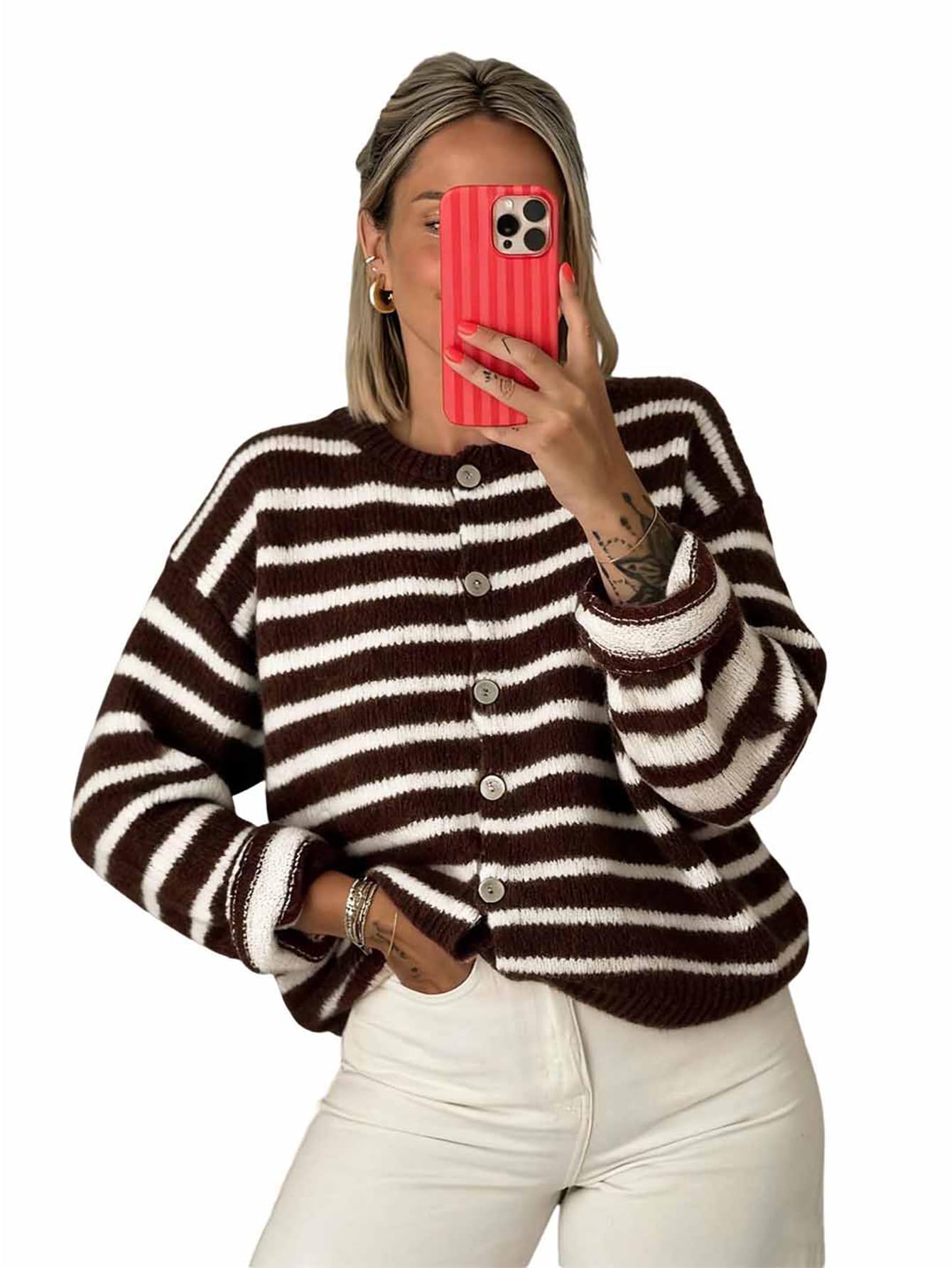 Milumia Womens Striped Button Up Cardigan Sweater Y2k Fall Long Sleeve Crewneck Oversized Sweater Top