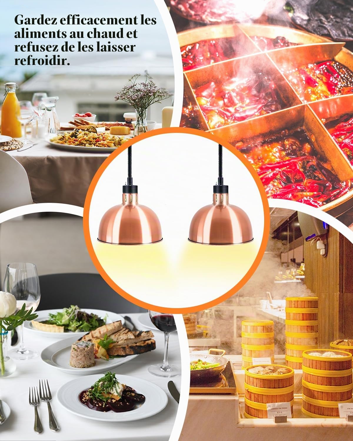 YJINGRUI 500W Buffet Heat Lamp, Adjustable Height 60-180cm, Set of 2 | 29cm Stainless Steel Lampshade for Restaurant, Buffet, Hotel and Catering