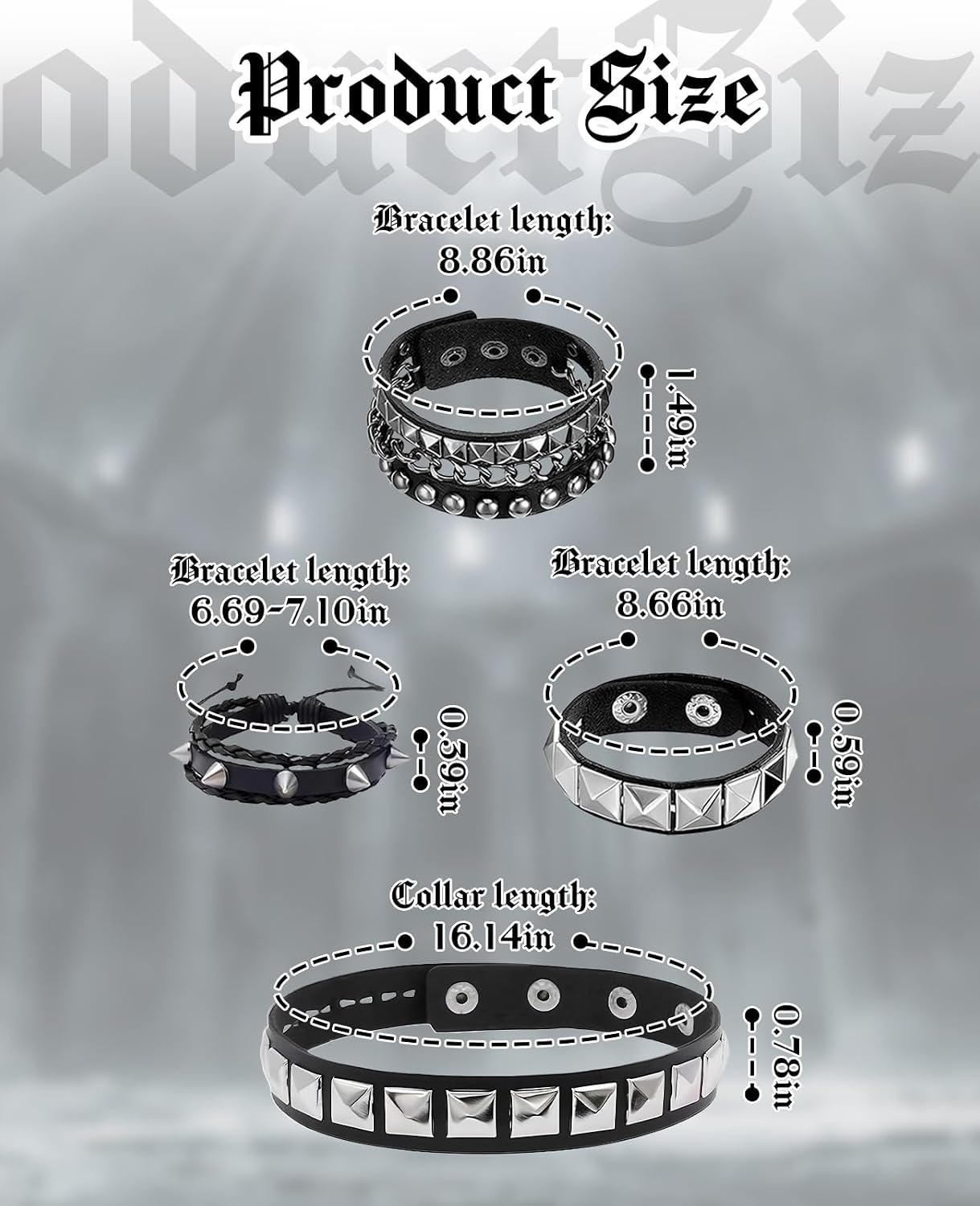 4PCS Studded Punk Bracelets & Choker Necklace Set, Adjustable Goth Emo Leather Bracelet for Men Women
