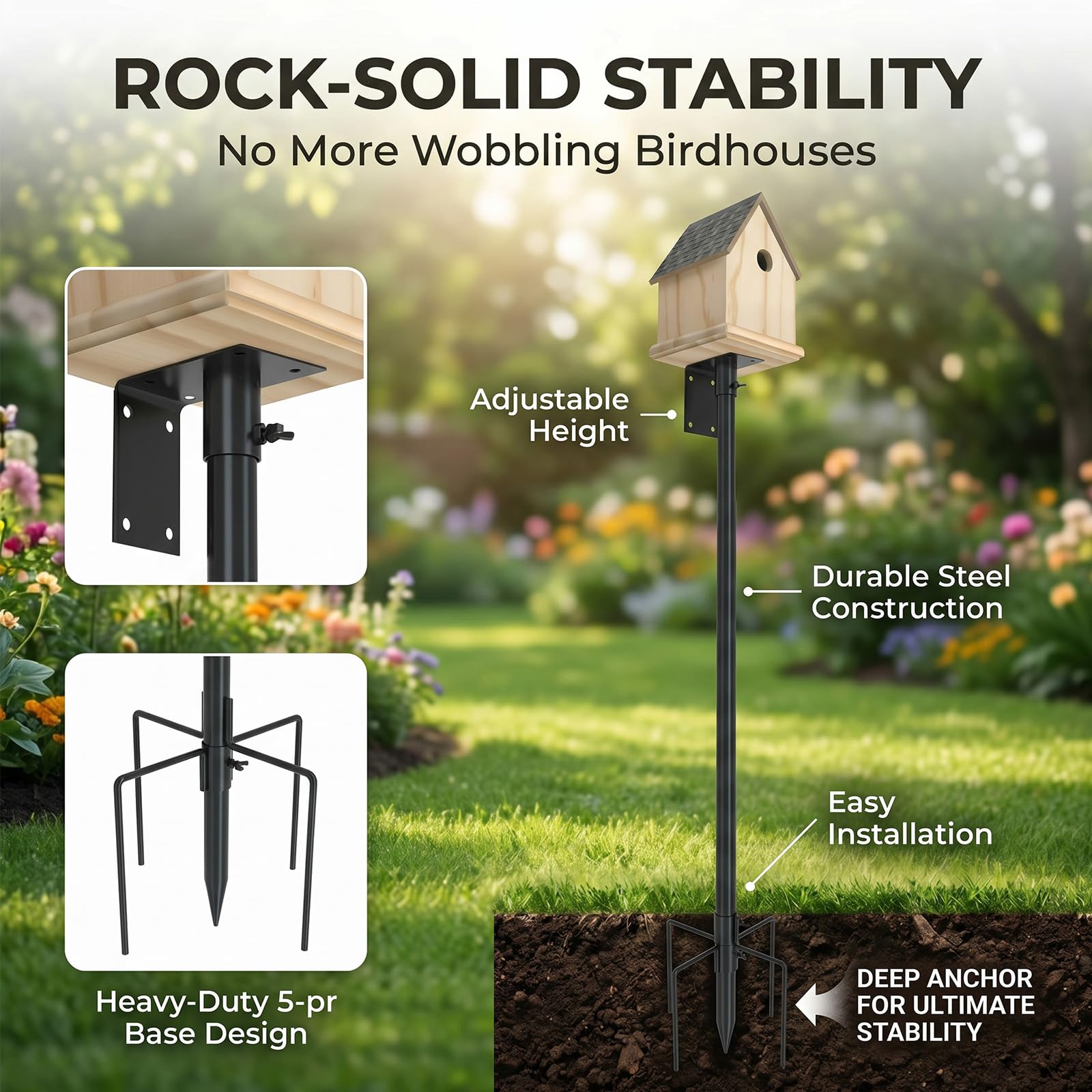 Set di supporto per asta per mangiatoia per uccelli, in metallo, universale, con base a 5 punte, per giardino, balcone, esterno, cortile (193 cm)