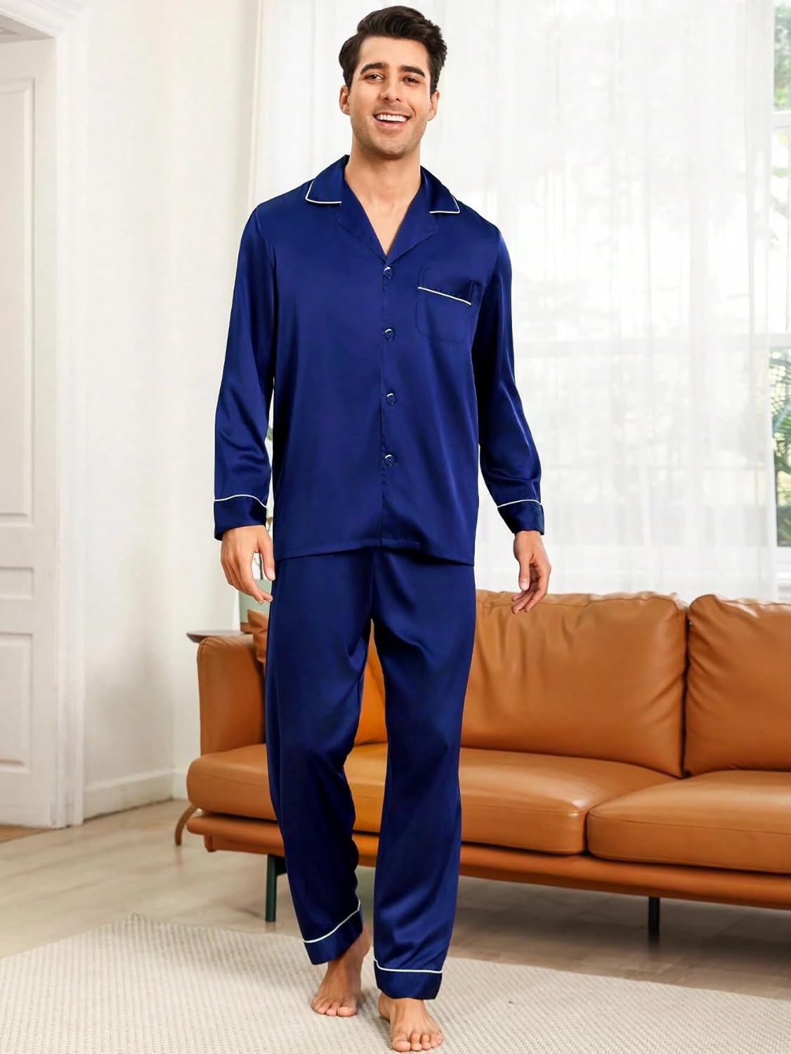 SWOMOG Mens Silk Pajamas Set Satin Long Sleeve Button Down 2 PCS Sleepwear V Neck Classic Loungewear Pjs with Long Pants - Image 4