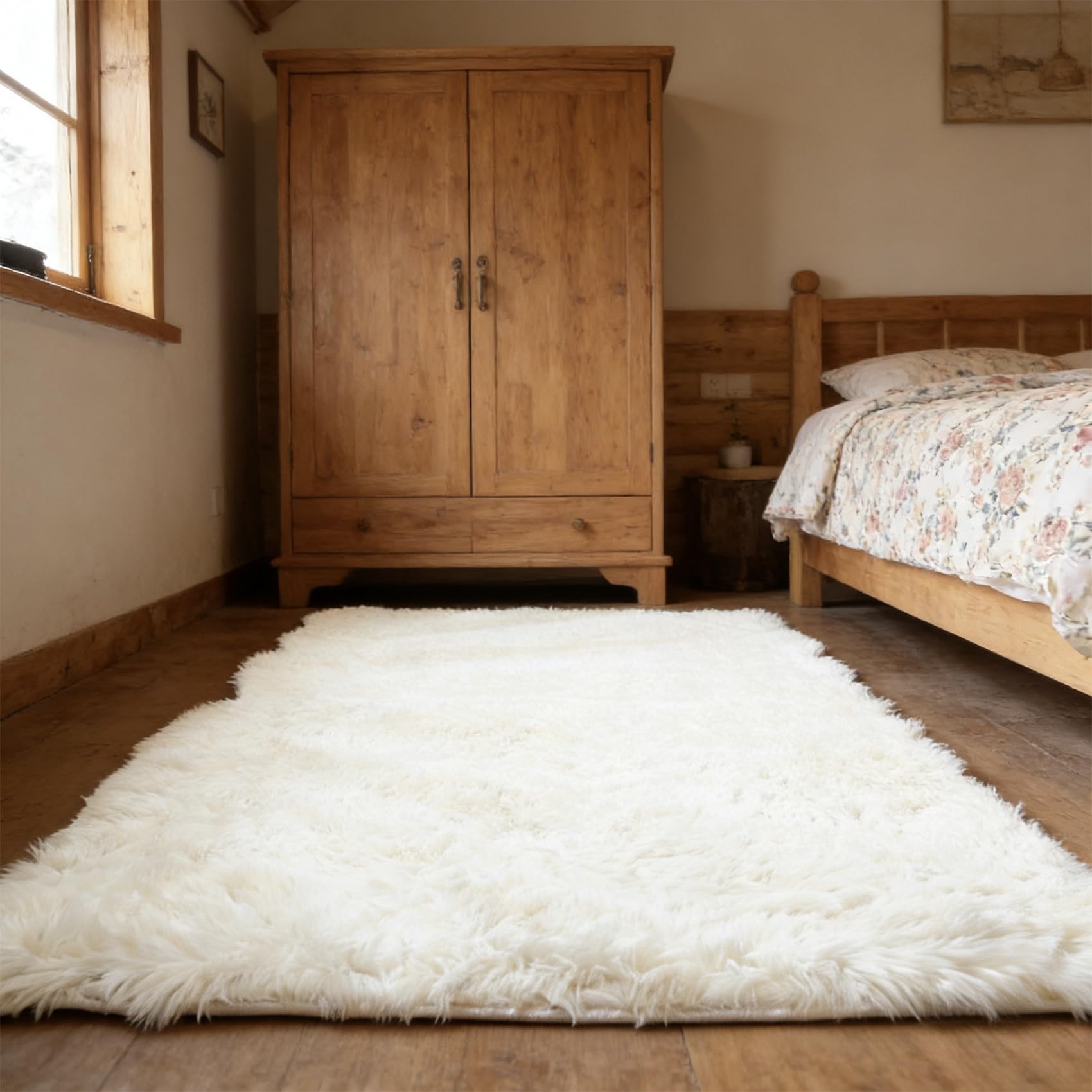 Tapis de salon antidérapant et moelleux blanc aux poils longs
