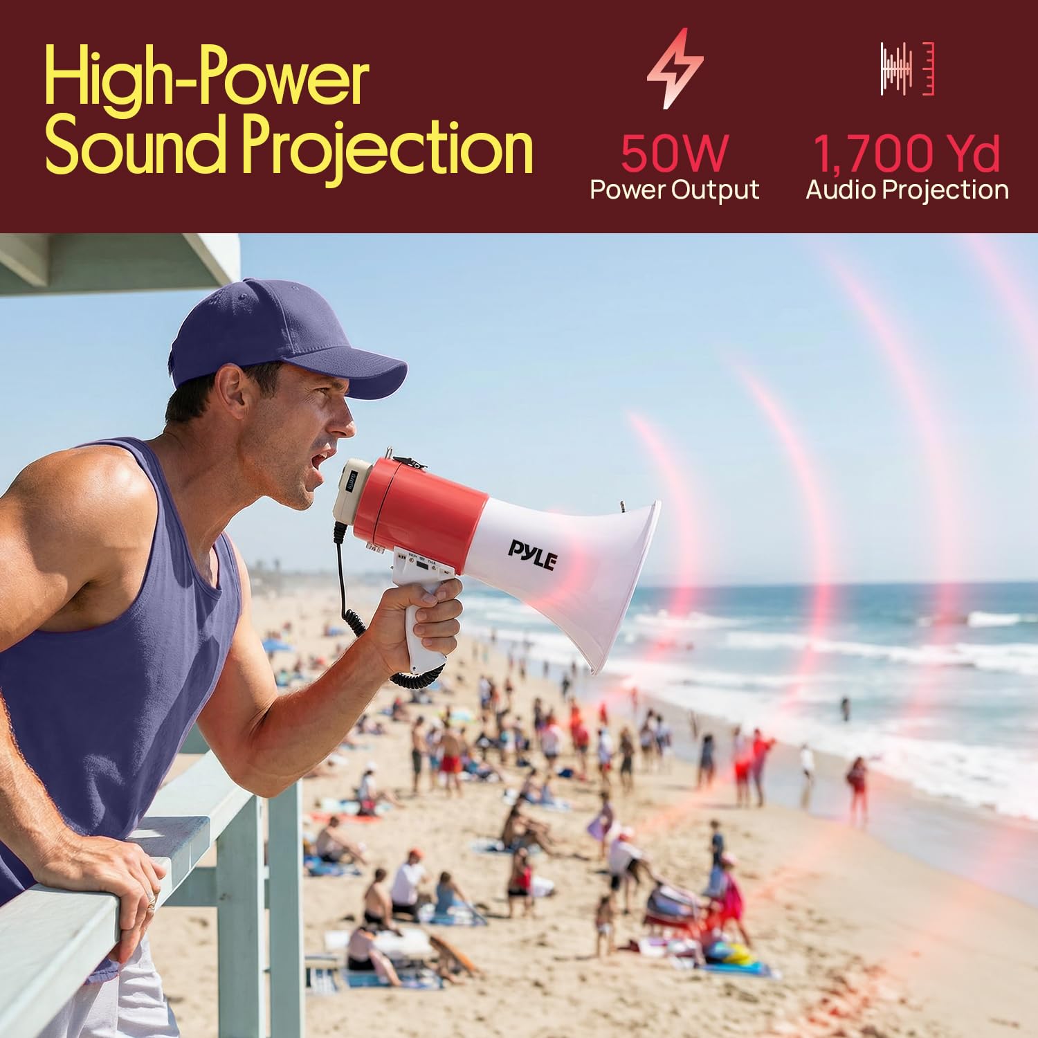 Pyle Altavoz megáfono portátil Bullhorn de 50 W, Sirena de Alarma, Volumen Ajustable hasta 1700 Yardas, Entrada Auxiliar, reproducción USB/TF, Ligero, para Actividades en Interiores y Exteriores