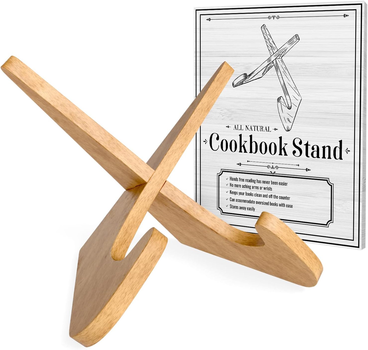 Cook Book Stand - Recipe Book Stand for Reading - Wood Book Stand - Book Holder for Thick Cookbooks, Textbooks - Fits Small Counter or Desk Space - Portable Kitchen Hands Free Cook Book