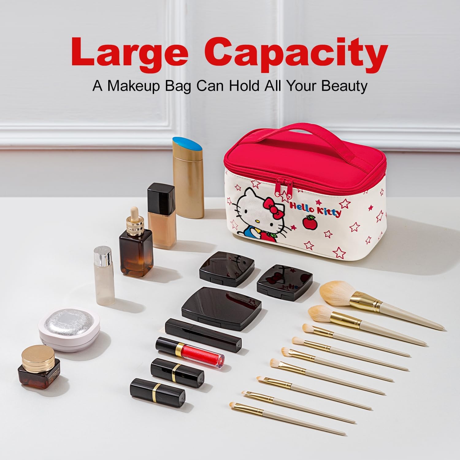 AmBealla Cosmetic Bag Large Makeup Travel Case with Brush Holder,Waterproof Makeup Bag Organizer with Hanging Hook, Travel Toiletry Bag for Women, Sweet & Stylish for Girls,Red Apple - Image 2