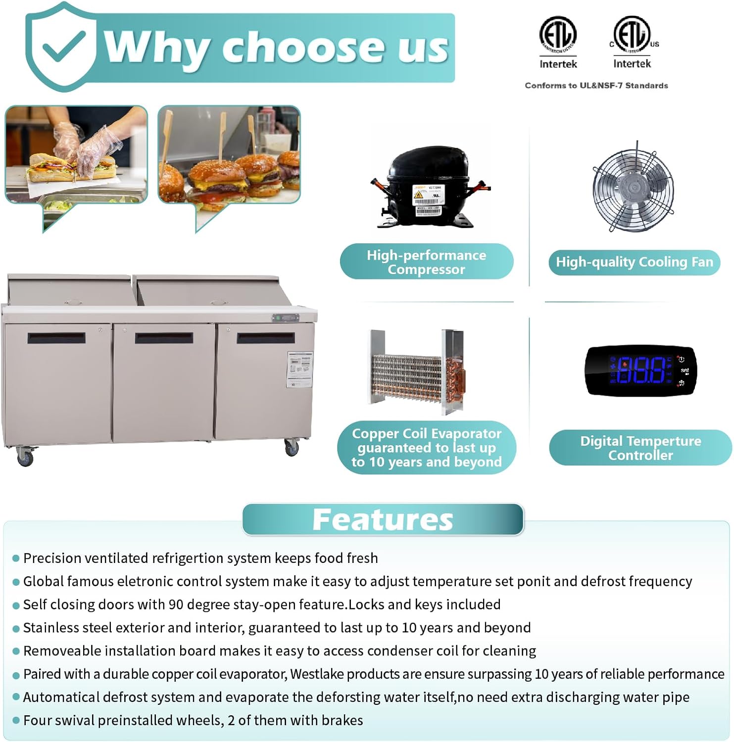WESTLAKE 72" W 3 Door Refrigerator Sandwich & Salad Prep Table Commercial Mega Top Refrigerator Stainless Steel Counter Fan Cooling with 30 pans for Restaurant, Bar