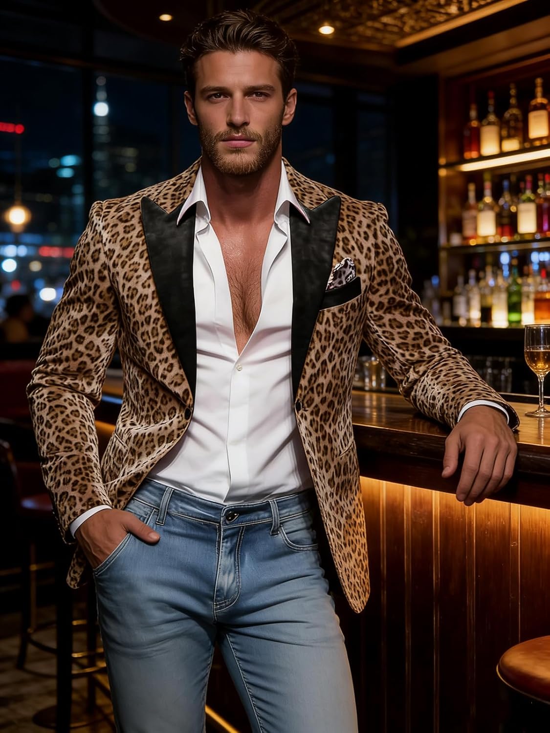 VENNYNG Men's Leopard Jacket with Black Velvet Lapel Spring Winter Short Coat Animal Print Blazer for Holiday Parties