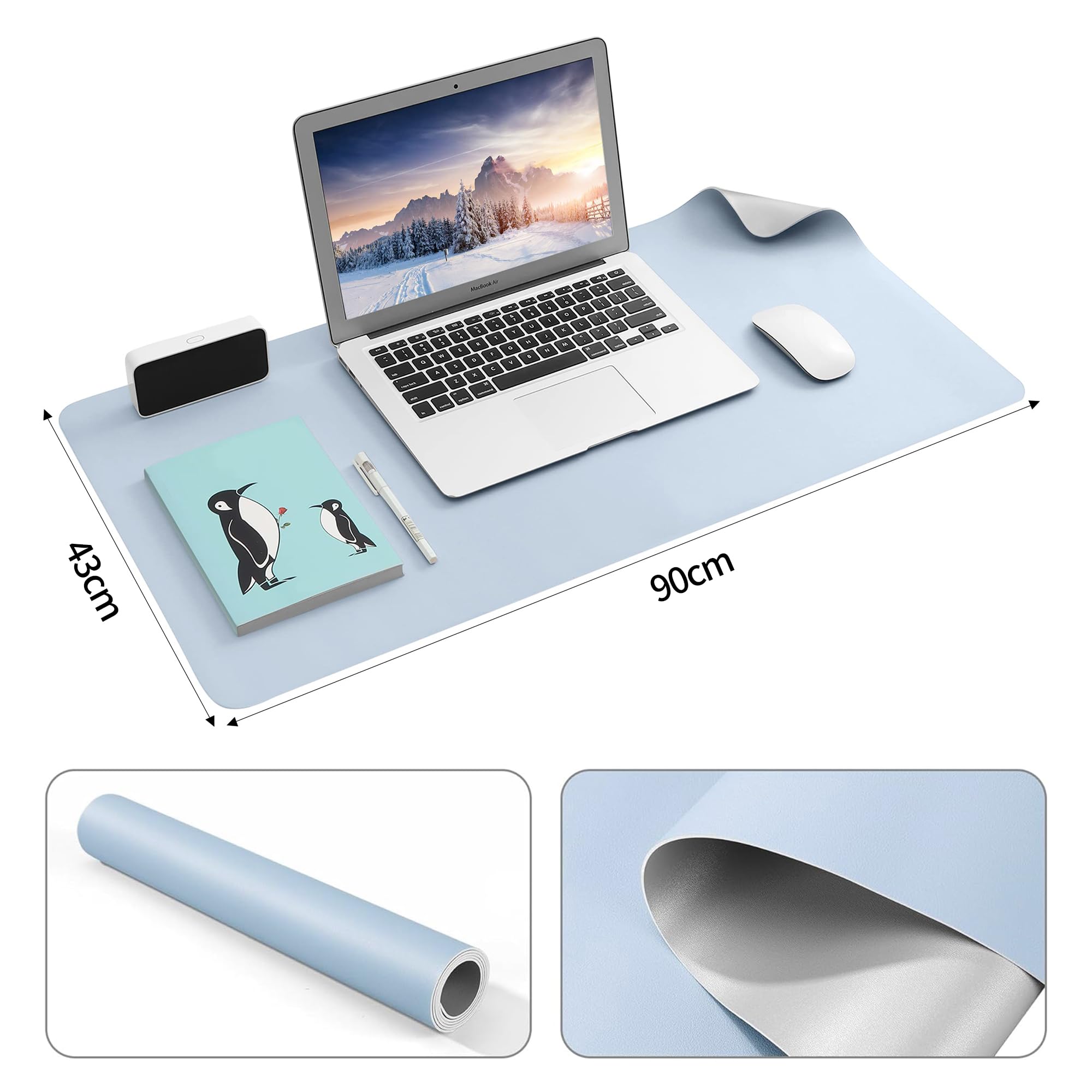 BUBM Desk Mat, Office Desk Pad,PU Leather Desk Blotter (90x43cm) Laptop Desk Mat Waterproof Desk Writing Pad for Office and Home-Blue - Image 4