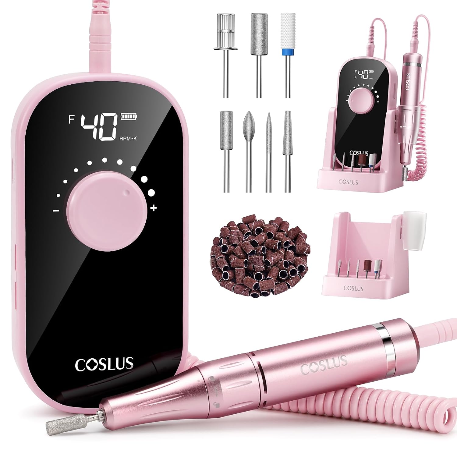 coslus professional rechargeable electric nail drill 40000 rpm, portable nail file with storage stand for acrylic gel polishing removing - easy to use for women, manicure at home diy or salon, pink