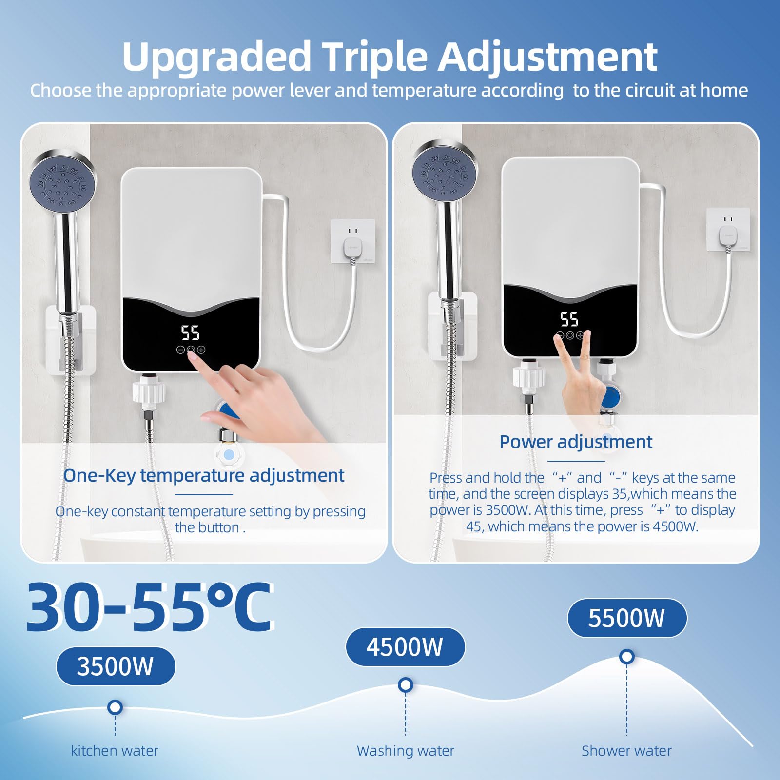 Scaldacqua elettrico da 5500 W con scaldabagno a flusso continuo e display LED della temperatura, regolabile da 30 a 55 °C IPX4 impermeabile, montaggio a parete adatto per doccia/cucina (A01)