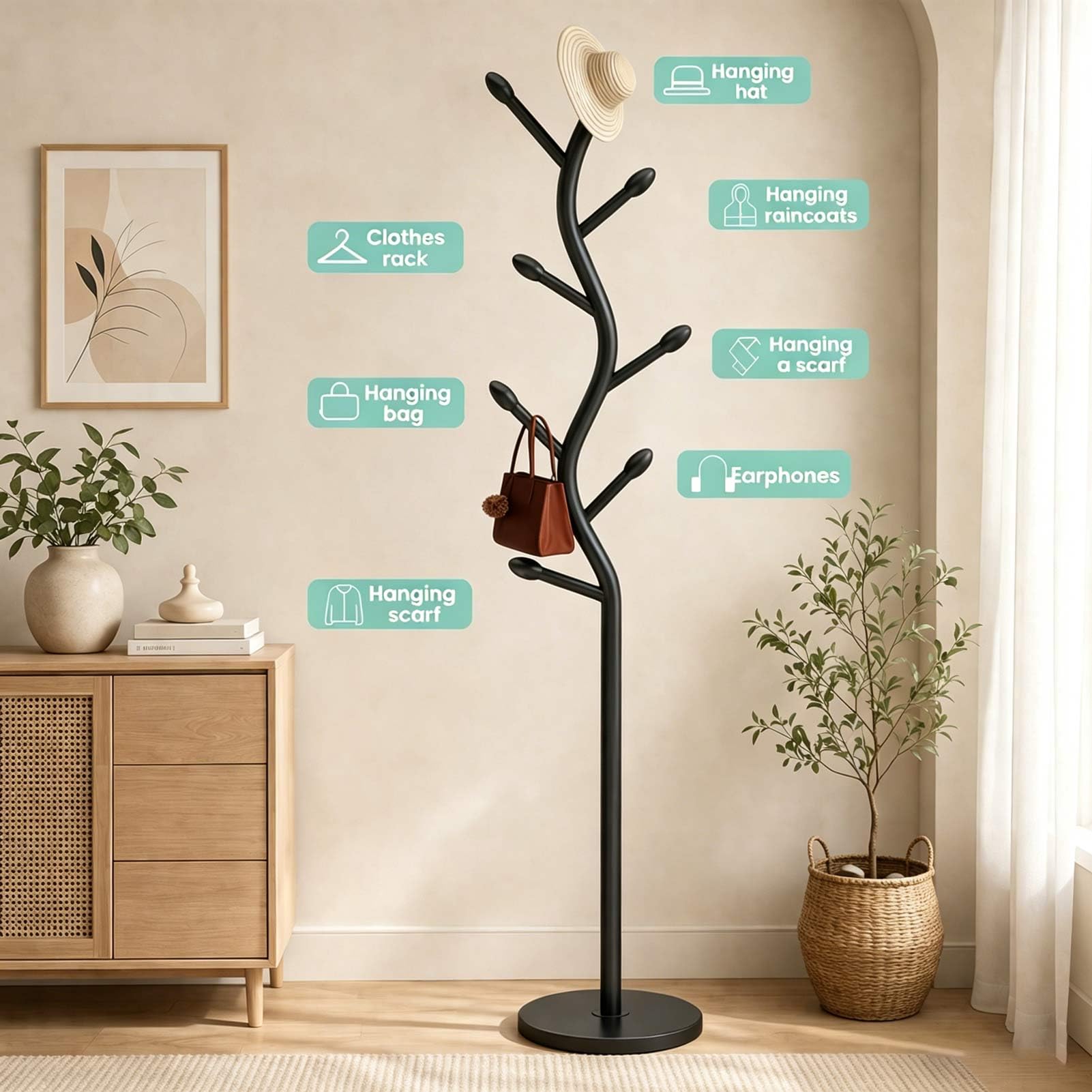 Perchero de metal independiente con 8 ganchos, perchero en forma de árbol para pasillo, entrada, dormitorio, oficina