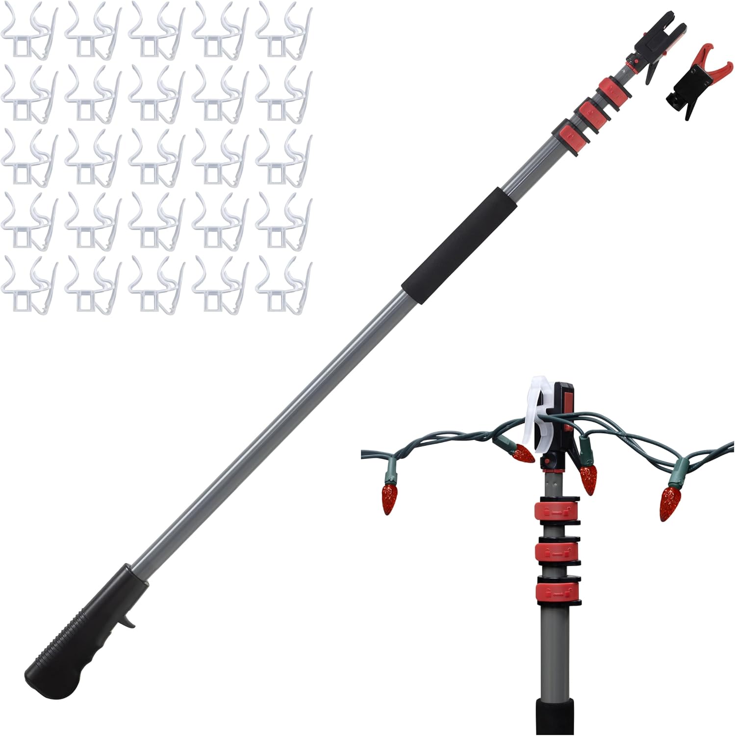 Ultra XT Dual Head Telescoping Pole | Extension Pole for Hanging & Removing String Lights, Christmas Lights & Decorations, 11ft Reach with Gutter, Shingle & Eave Compatibility, Includes 25 Light Clips ULTRA XT + 25 Clips