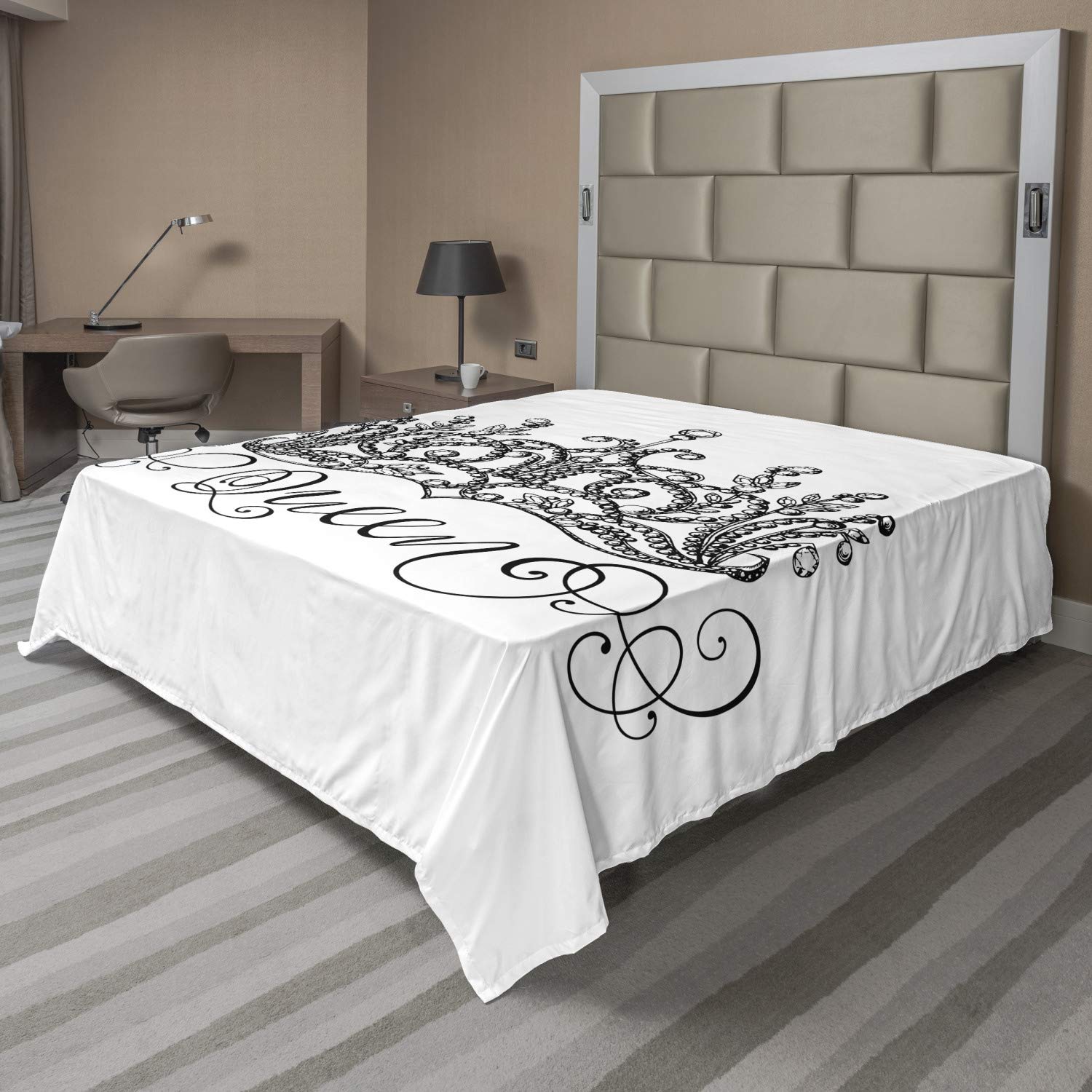 Ambesonne Queen Flat Sheet, Hand Drawn Crown Lettering Baroque Style Elements Calligraphy Print, Soft and Comfortable Top Sheet Decorative Bedding 1 Piece, Full Size, Black and White