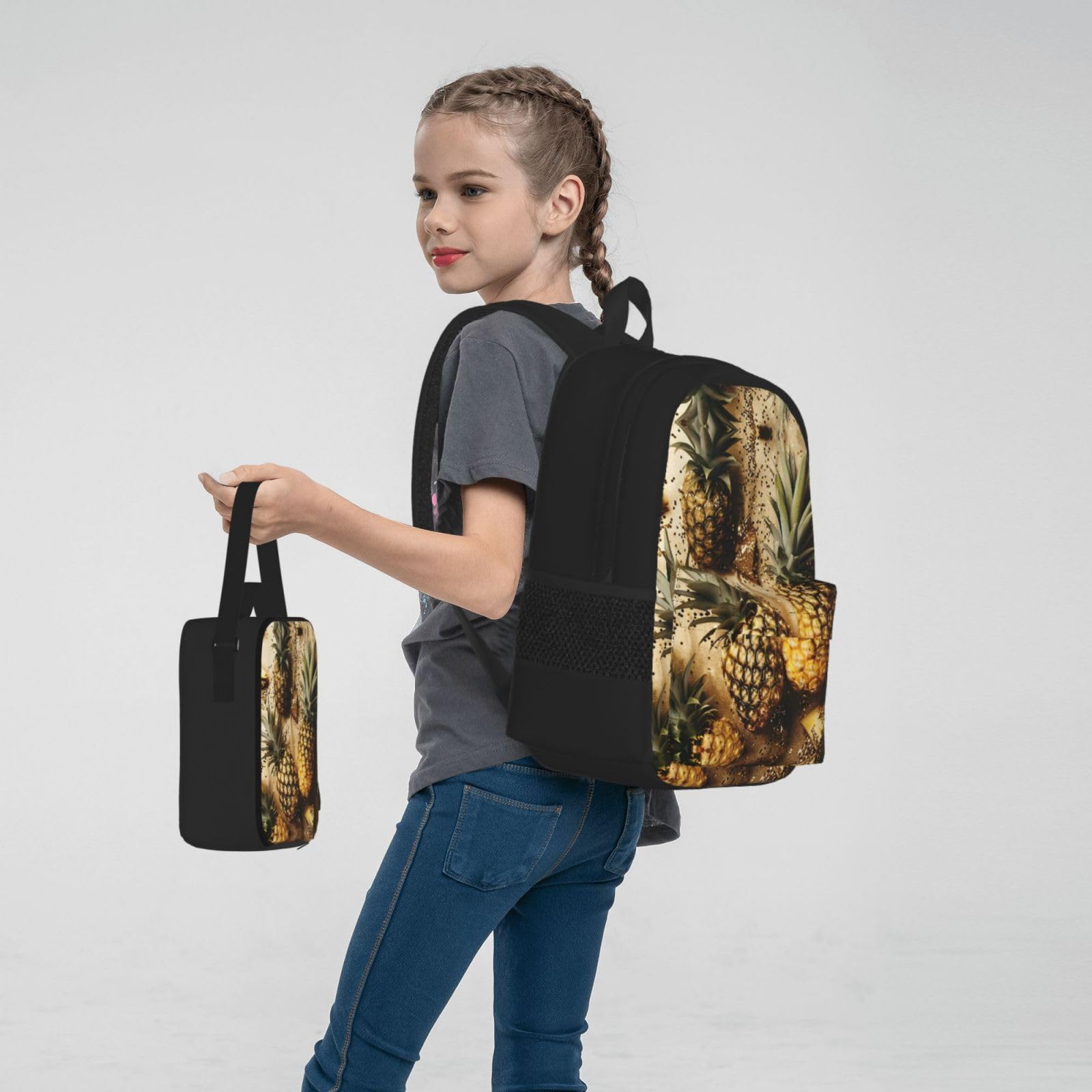Zainetto con ananas e frutta, 3 pezzi, 40,6 cm, per la scuola, con scatola per il pranzo, grandi zaini per la scuola elementare, Nero , Taglia unica, Set di zaini per la scuola