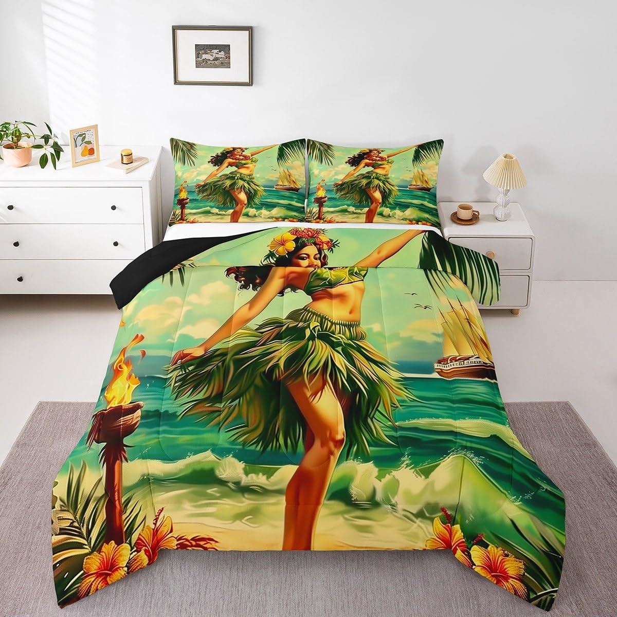 Erosebridal Tiki Bar Bedding Comforter Sets Hula Girl Hawaiian Beauty Bedding Set Tropical Palm Leaves Comforter Set Summer Ocean Sailboat Quilt Duvet Full Size for Kids Boys Girls