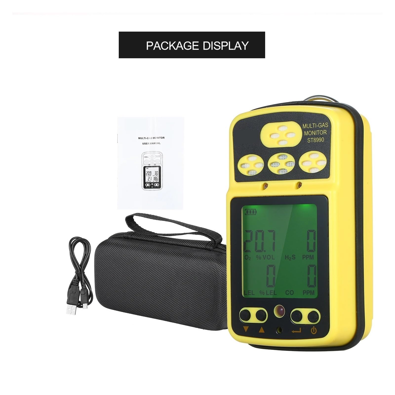 Detector de Gas 4 en 1 O₂ LEL CO H₂S, comprobador de Sensor, Monitor multigas con función de Alarma retroiluminada y Pantalla LCD