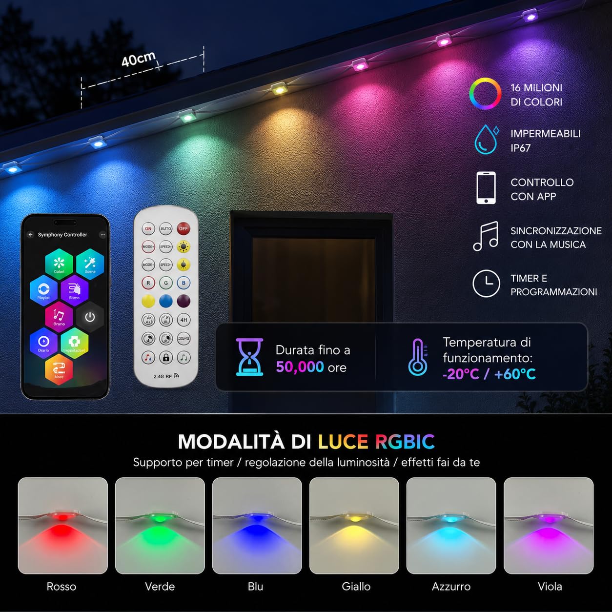 Luci Esterne Permanenti RGBIC - 15 metri con Luce Bianca, App e Telecomando 2.4G, Impermeabili IP67 per Grondaie, Facciate, Pergole e Tettoie, Modalità Musica e Timer