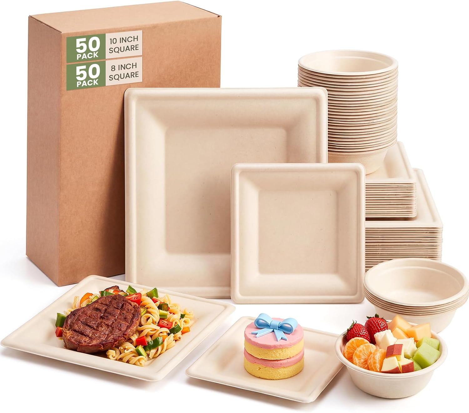 Havawish 150 Pcs Compostable Square Paper Plates and Bowls Set, Heavy Duty 10 Inch & 8 Inch Disposable Plates with 12 oz Biodegradable Bowls for Party Dinner Bulk Party Supplies for 50 Guests