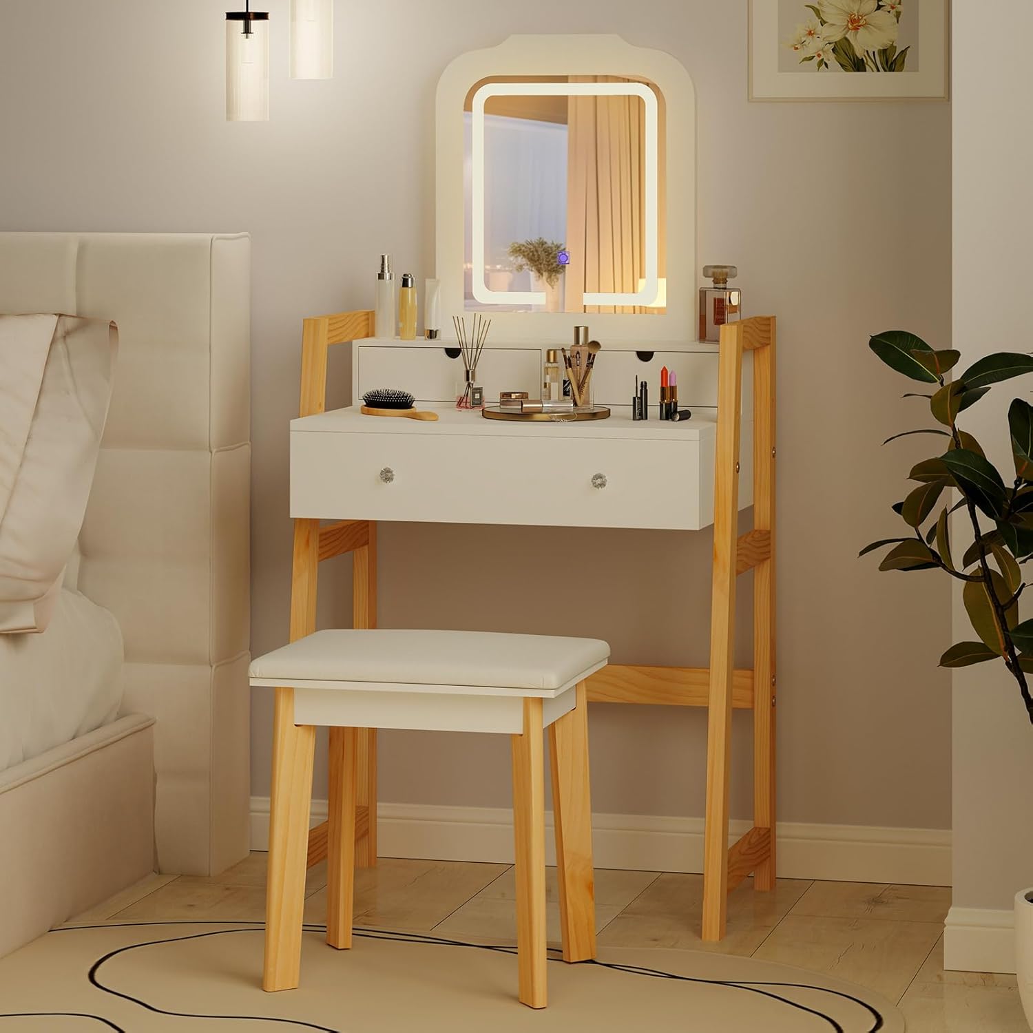 LOKO Vanity Set with Mirror & Lights, Dressing Table and Chair Set with 3 Lighting Modes & Adjustable Brightness, Adjustable Pine Wood Legs, Open Shelf & 3 Drawers, Modern Vanity Desk Set for Bedroom
