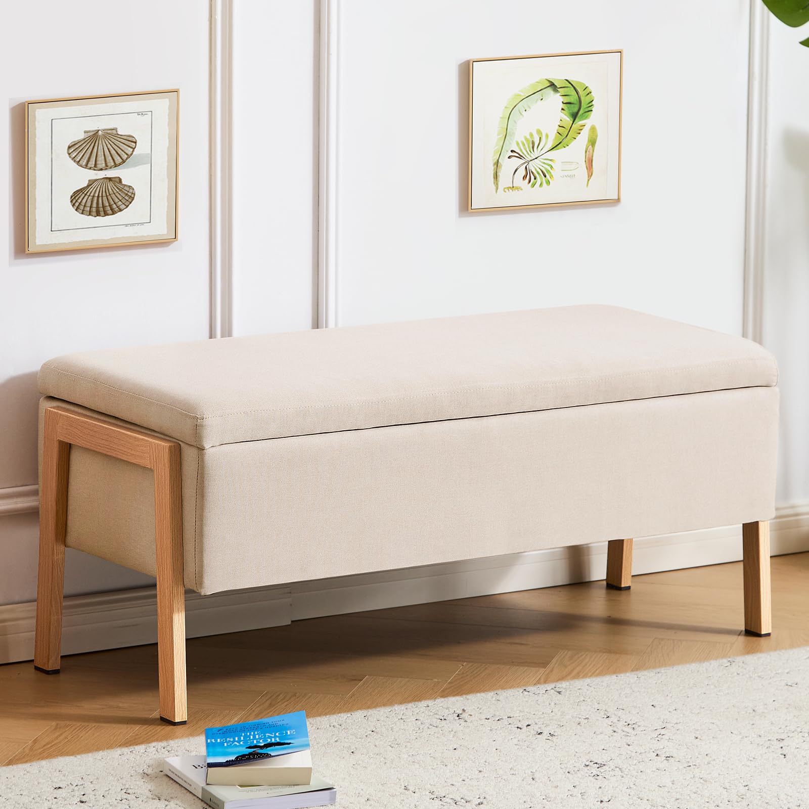 Sitzbank mit Stauraum 98cm, Sitzbank mit Beinen, Rechteckig, Aufbewahrungsbox, bis 300 kg belastbar, Gepolstert, mit Stauraum, Schlafzimmer, Flur, Polsterhocker, Leinen, Beige