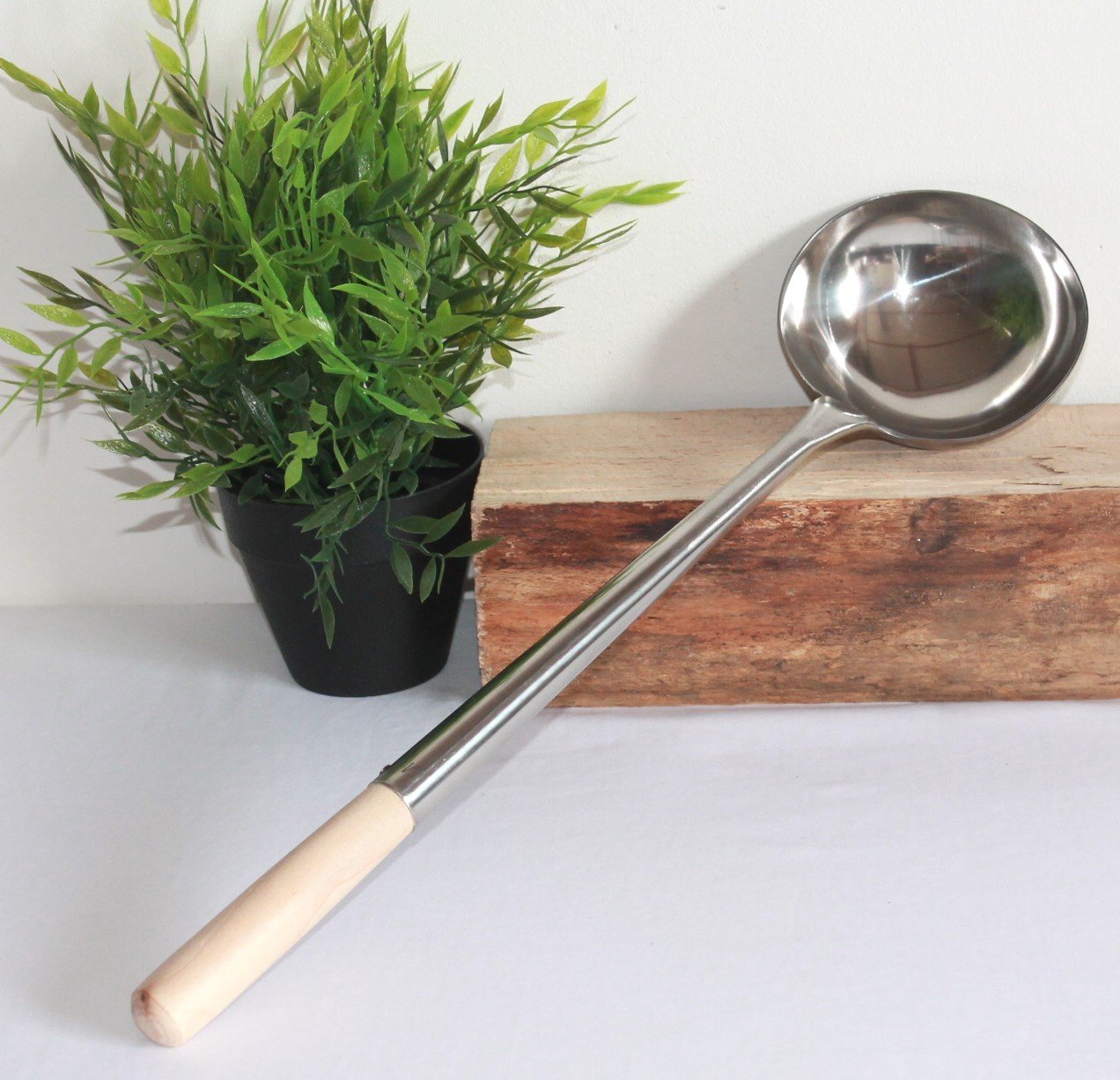 Wok Set, Pfanne 36 cm Ø runder Boden Carbon Stahl für Gasherd und Induktion Mulde + Wok Kelle Edelstahl 44 cm lang mit Holzgriff + Wok Ring