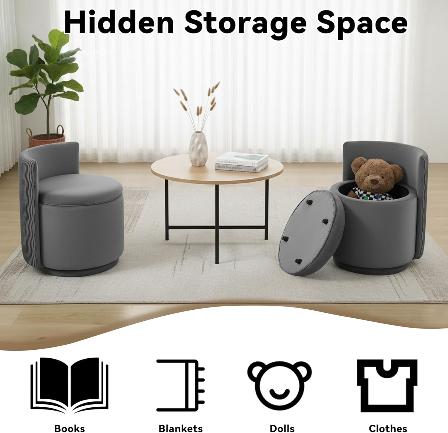 360° Velvet Vanity Chair with Storage, Swivel Barrel Makeup Chair, No Assembly Wave Back Vanity Stool Small Accent Chair for Living Room, Grey