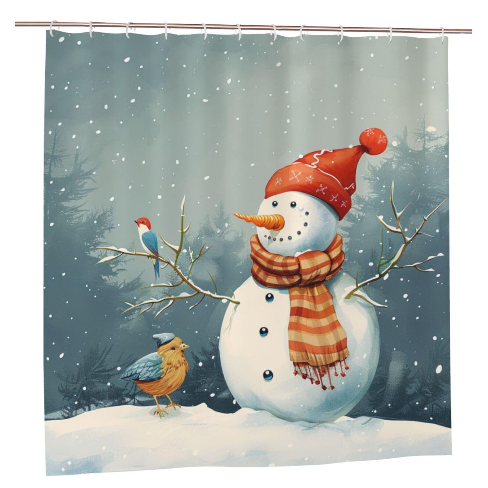BWWHCCTI Merry Christmas Bird Printed Shower Curtain With 12 Plastic Hooks Opaque Quick Drying Waterproof Shower Curtains Sets For Bathroom 183x183 CM