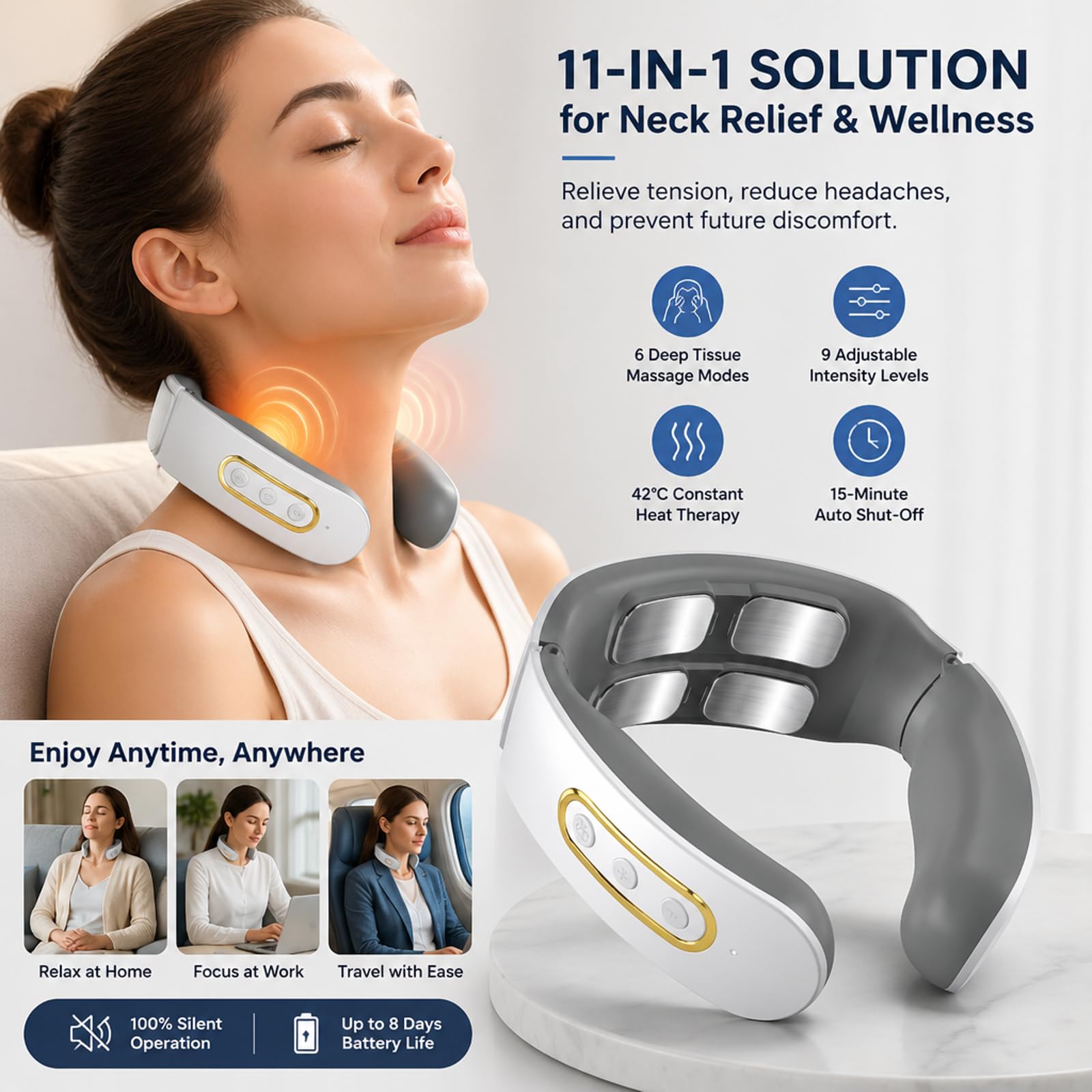 Neuroneck Pro Masajeador Cervical 11 En 1 Con Calor 42°c, 6 Modos De Masaje Y 9 Niveles De Intensidad, Diseño Ergonómico Portátil Con Batería Recargable (Red)