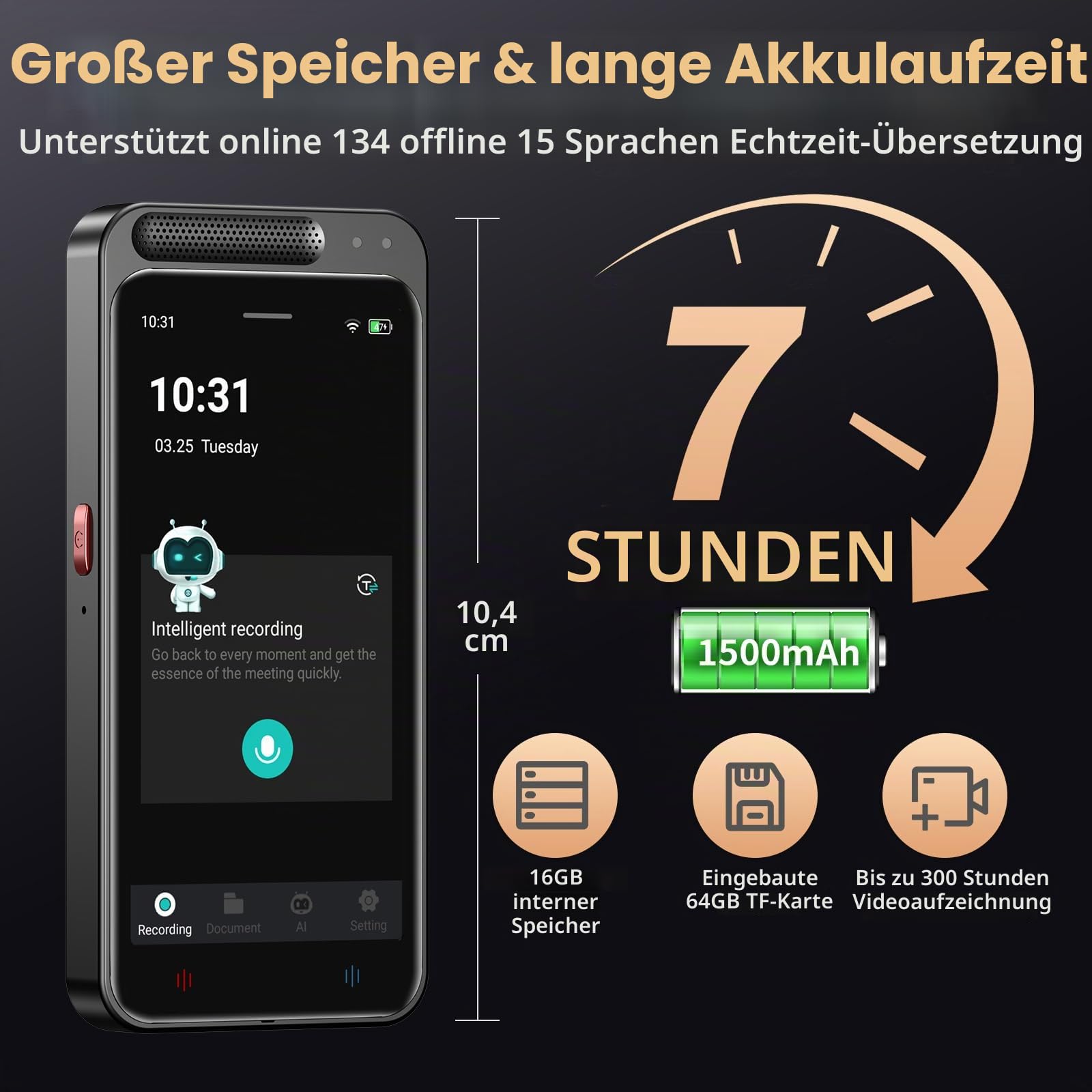 Digitales Diktiergerät Aufnahmegerät mit KI Schreibfunktion und Zusammenfassen,Übersetzung Online Offline Arbeit von 134 Sprachen,80GB Aufnahmegerät AI Voice Recorder für Vorlesungen,Meetings