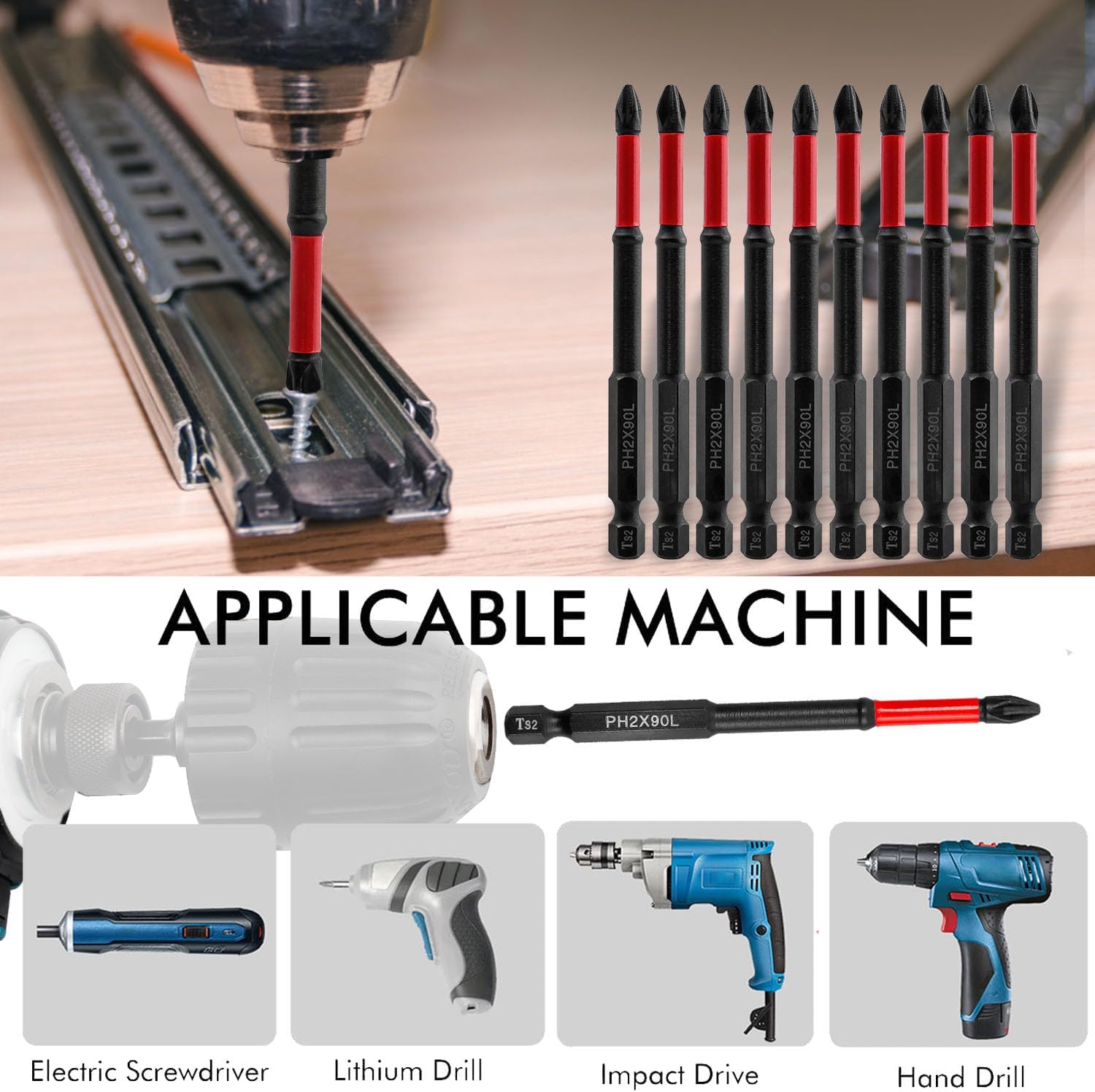10pcs PH2 Screwdriver Bits Set, 90mm (3-1/2" Long Phillips #2 Magnetic Cross Head Drill Bits, 1/4" Hex Shank S2 Steel Impact Driver Bit Set for Electric Screwdrivers & Power Tools