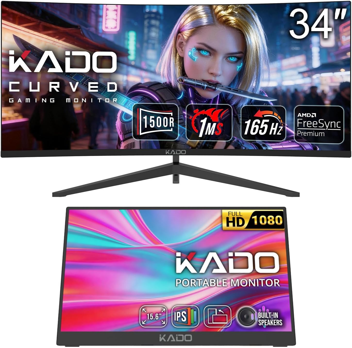 Kado Ultrawide 34" Portable 15.6" Setup - 34" Curved 1500R 3440x1440 165Hz 1ms 21:9 Computer Monitor, 15.6" 1920x1080 IPS Portable, Gaming Office AMD FreeSync Premium, VESA Mount Built-in Speakers