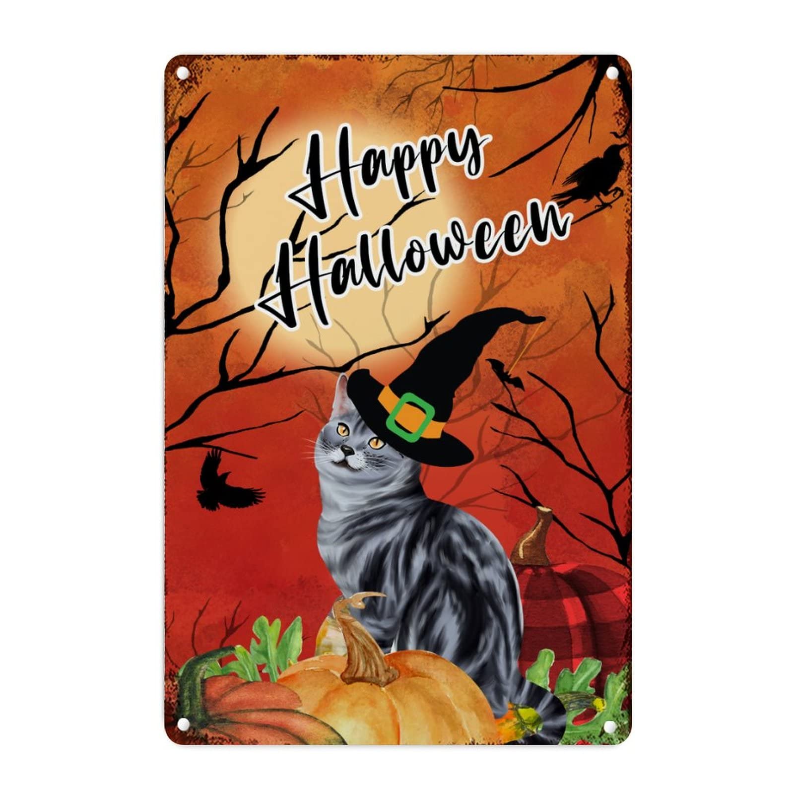 Plaque en métal Halloween décoration chat noir citrouille murale de 45,7 cm