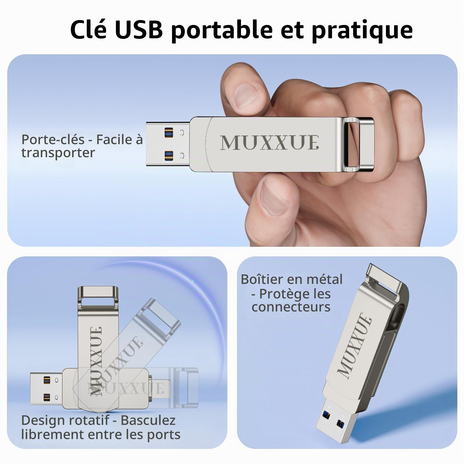 Cle USB iphone 256Go-Sans Application Requise,MFI Clé USB pour iphone/1Pad/Android/PC 3 en 1 avec iOS USB-C USB-A Stockage Externe pour Transfert de Photos, Vidéos et Films