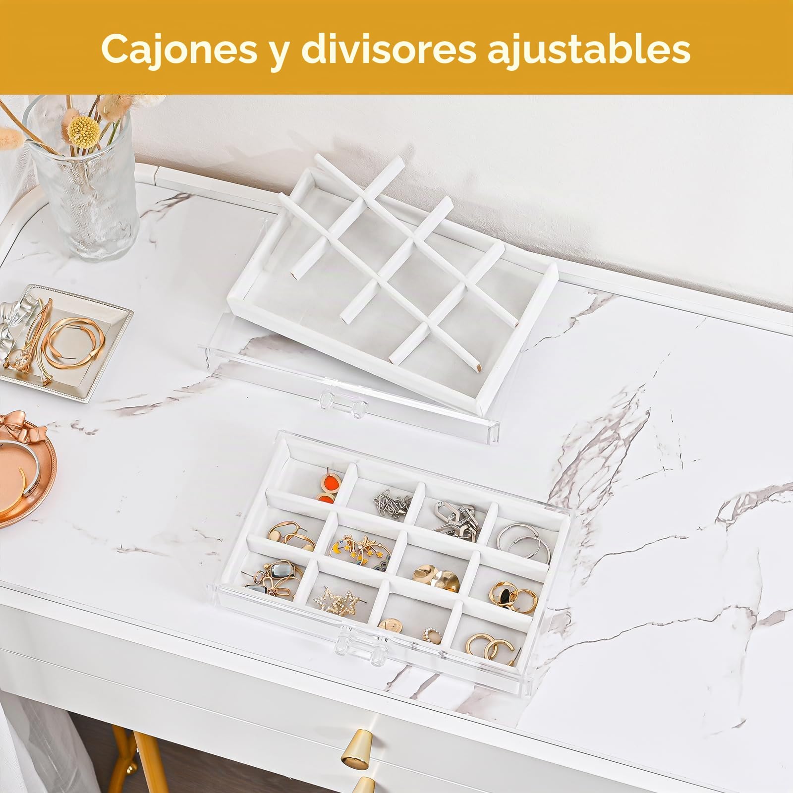 ProCase Organizador para Joyas de Acrílico, Bandeja de Joyas con 3 Cajones Exhibición Transparente de Pendientes, Collares, Anillos para Mujeres y Chicas -Blanco Cálido