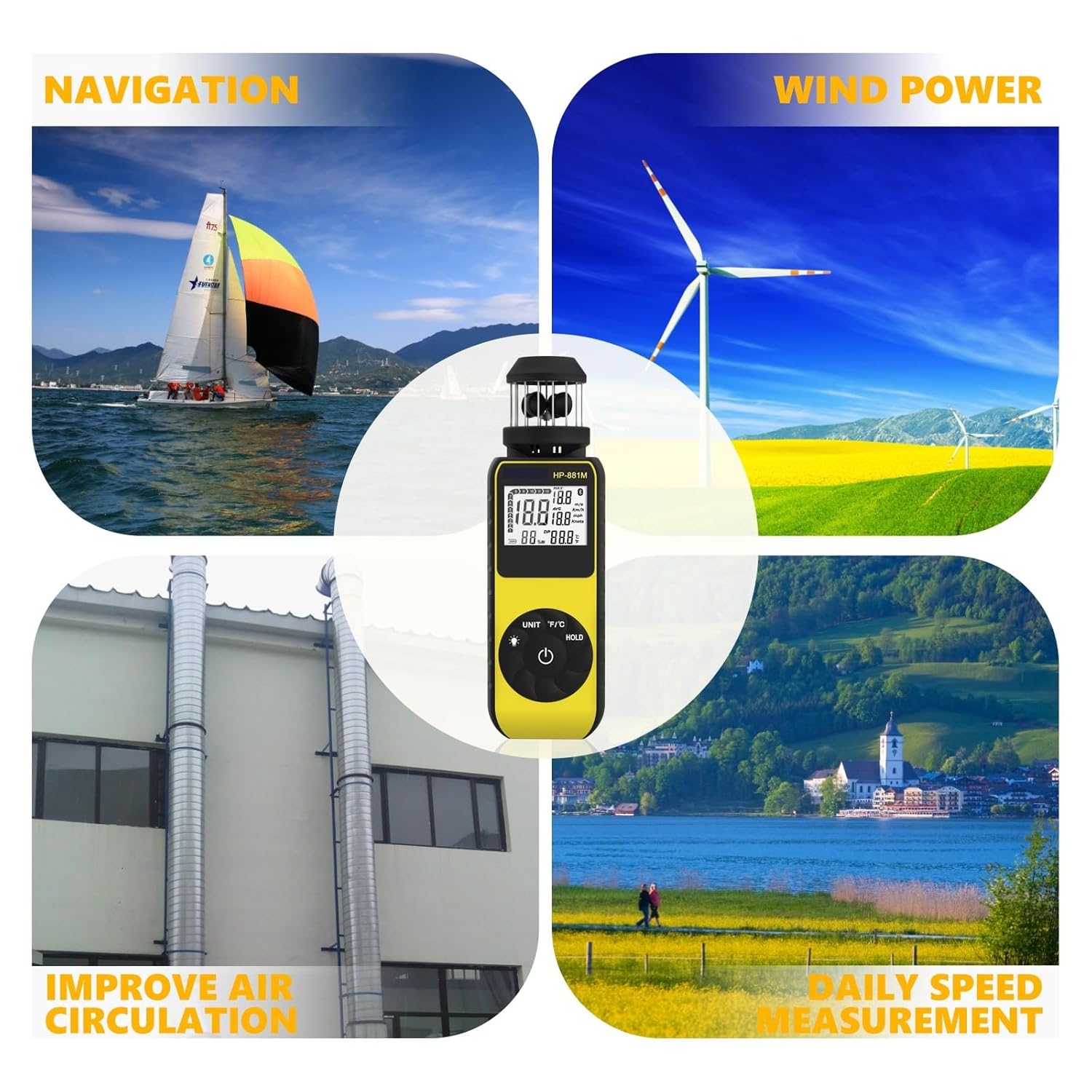 HP-881M Digital Anemometer with Multi-Unit Display and Beaufort Wind Scale – Portable Wind Speed Meter Measurement Tool