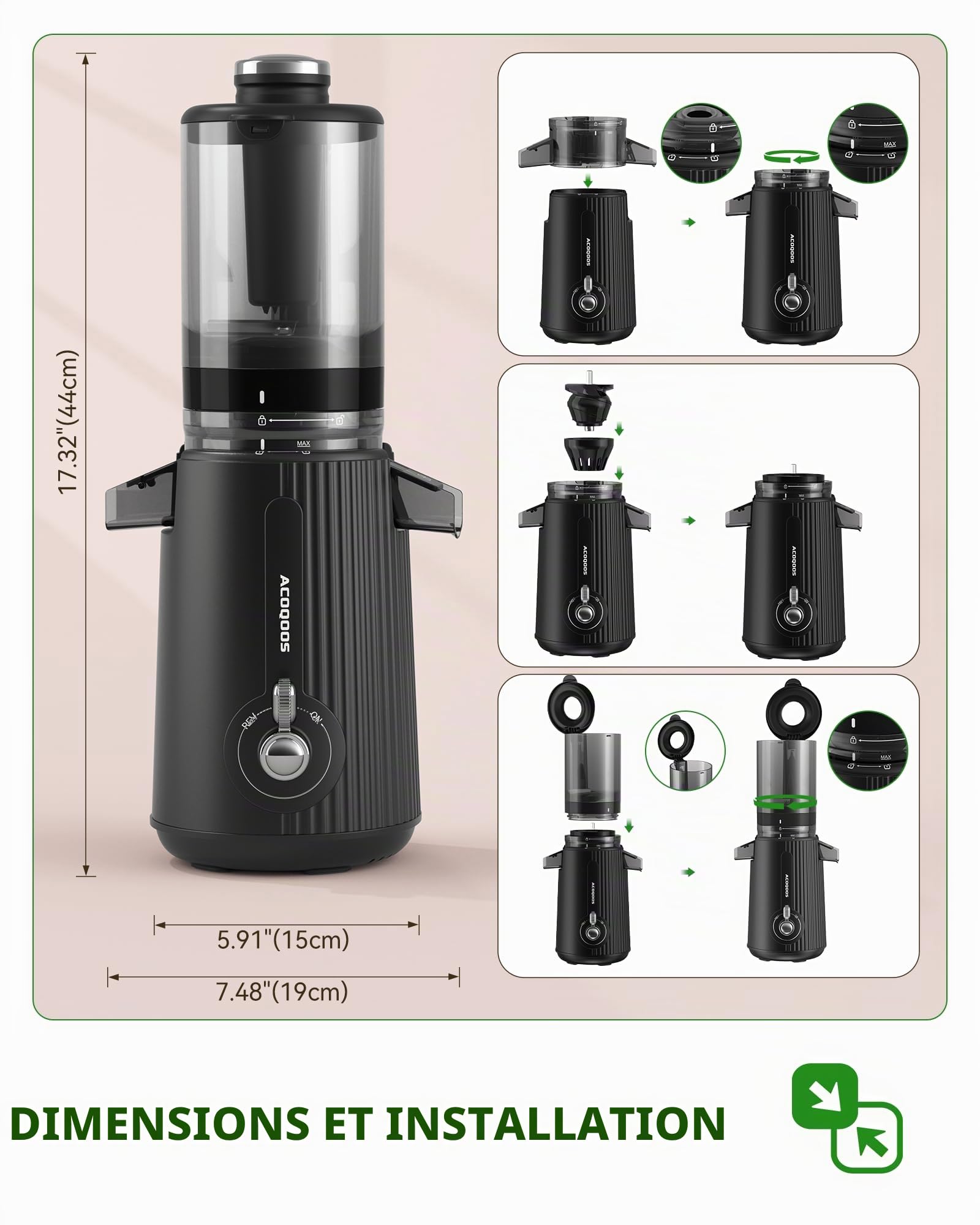 ACOQOOS Centrifugeuse Extracteur de Jus 200 W, Extracteur de Jus de Fruits et Légumes, Extracteur avec fonction de mastication inversée et 2 tasses, ouverture de 110 mm, noir