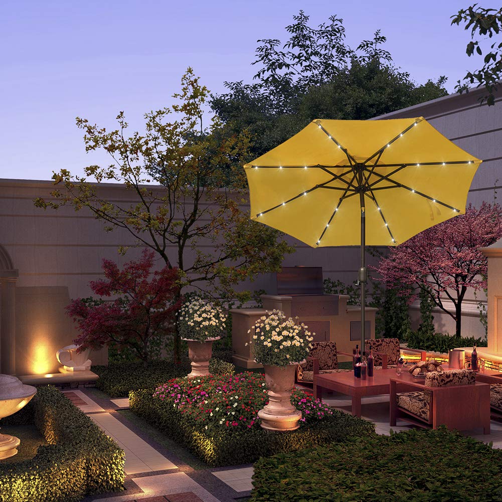 Amazon Com Sundale Outdoor 7 Ft Solar Powered 24 Led Lighted Patio Umbrella Table Market Umbrella With Crank And Push Button Tilt For Garden Deck Backyard Pool 8 Steel Ribs Polyester Canopy