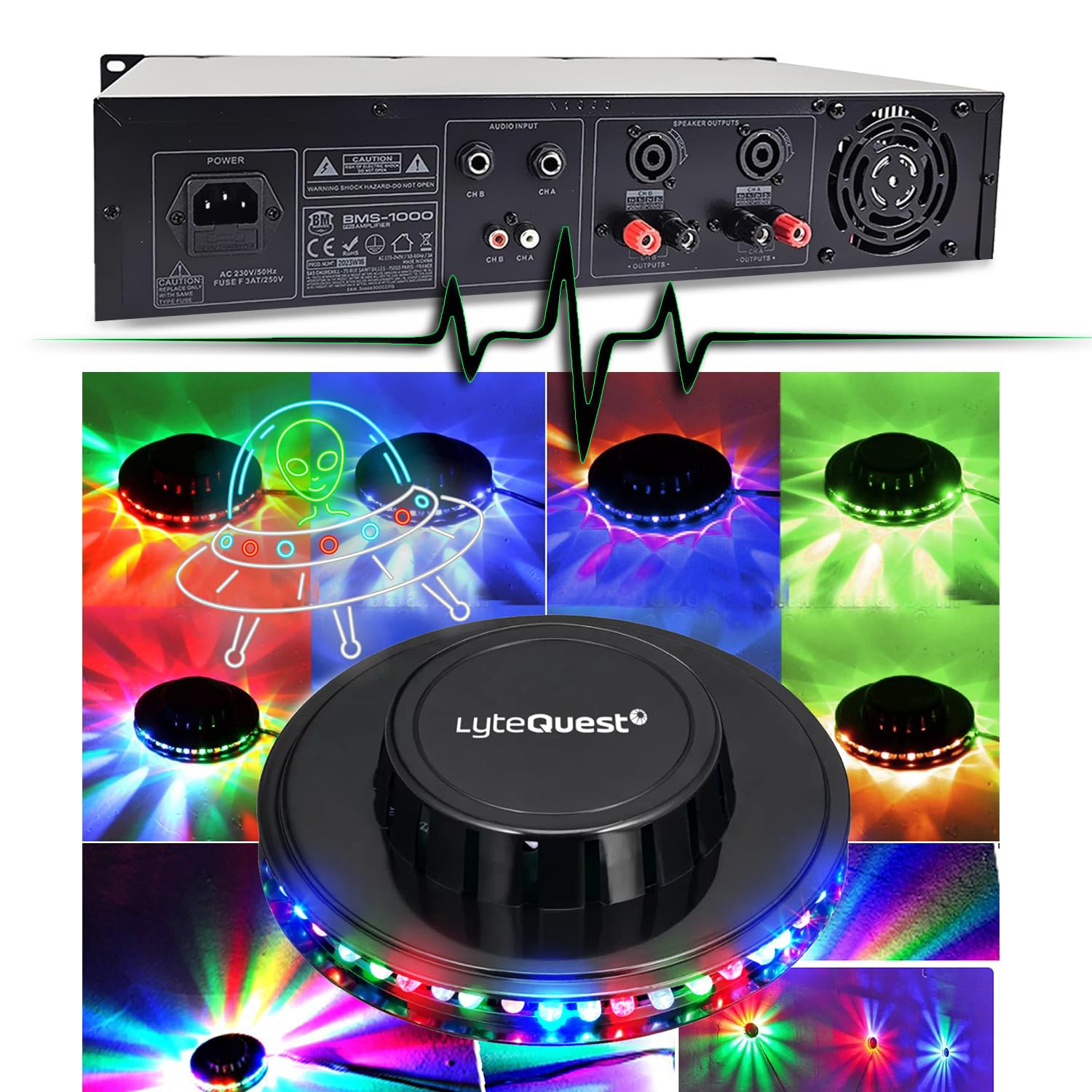 BM Bmsonic Pack Sono 1600W Amplificateur 1000W, Paire d'Enceintes, Table de Mixage USB Bluetooth, Pieds, Casque, Câbles, Micro Ovni LED DJ Fête