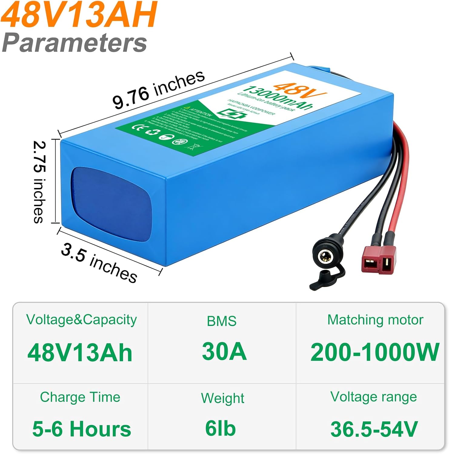 48V13Ah Universal Power Pack Battery,13Ah/15Ah/20Ah Battery with 30A BMS for 200-1000W Systems, XT60/T-Plug Adpater (48V 13AH)