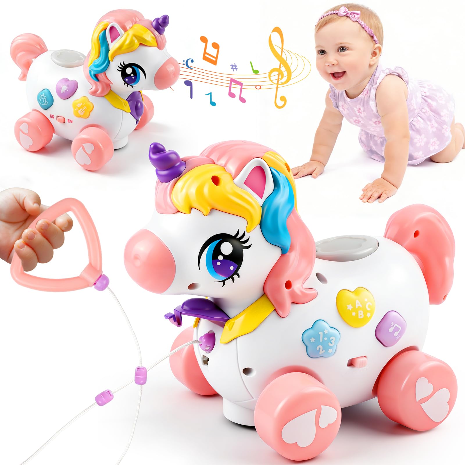 3-in-1 Musikspielzeug, Interaktives Gehen Sound-Spielzeug für 6 Monate+, Lernen Bildungsspielzeug Montessori-Spielzeug mit Licht&Musik, Zweisprachige Funktion, Baby Seil Spielzeug (Einhorn)
