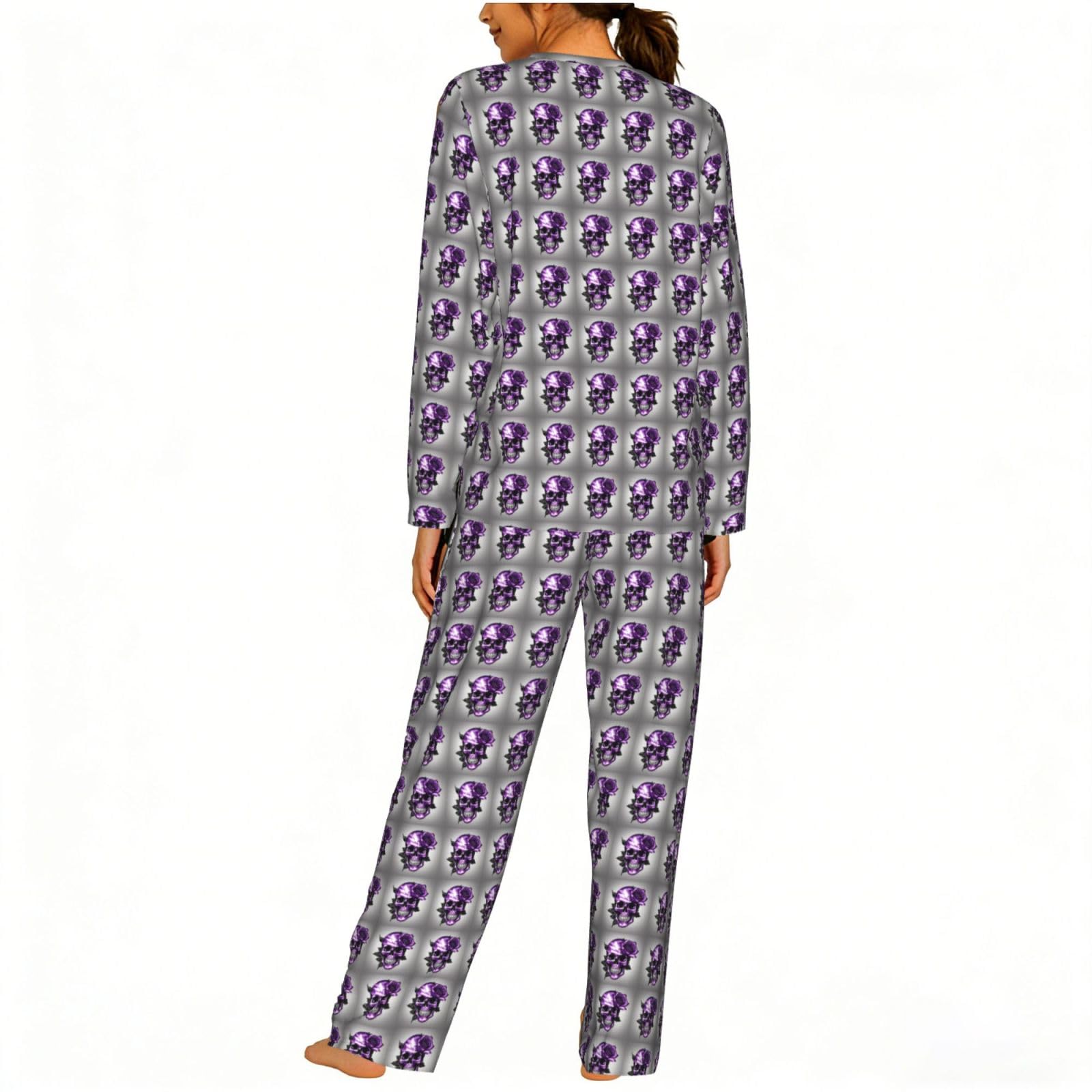 Viola Rosa E Cranio Stampa Delle Donne Manica Lunga Pigiama Abbinamento Quotidiano Confortevole Loungewear Abiti Da Notte