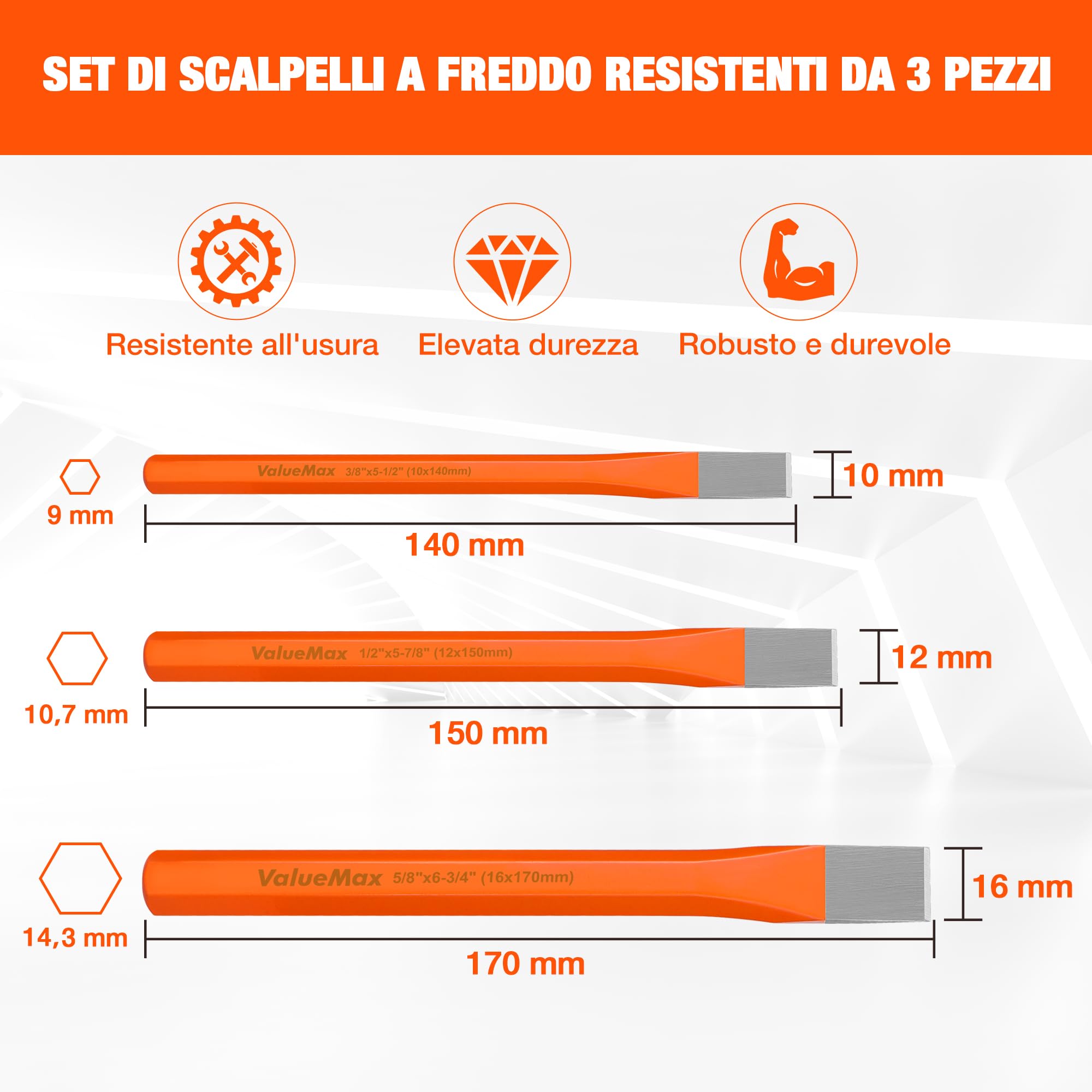 Set Di 3 Scalpelli Per Muratura - In Acciaio CRV Per Demolizione, Intaglio E Frantumazione - Foto 11