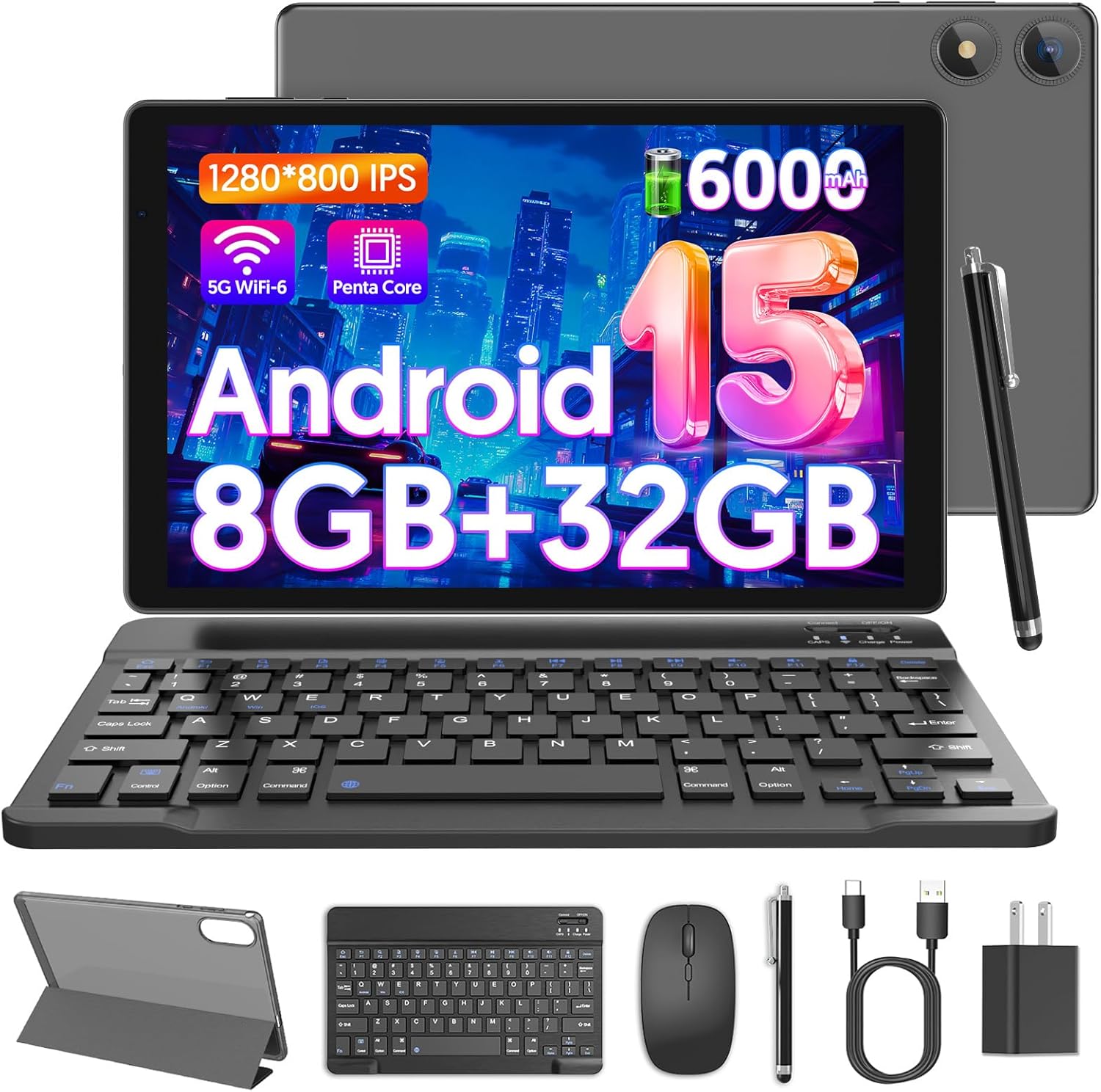 10 inch Tablet PC, Android 15 Tablets 5-Core, 8GB RAM+32GB ROM, 1TB Expand, 6000mAh Battery, GMS, 2 in 1 with Keyboard, Mouse, Pen, Case, 5G WiFi6, 2MP+2MP Dual Camere