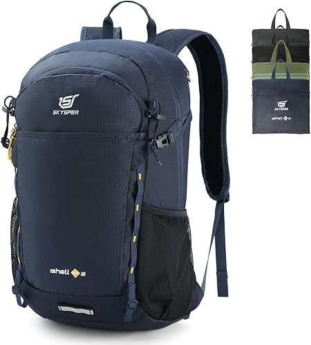 SKYSPER Mochila de senderismo de 30 L, ligera, plegable, mochila de viaje impermeable para mujeres y hombres (azul marino)