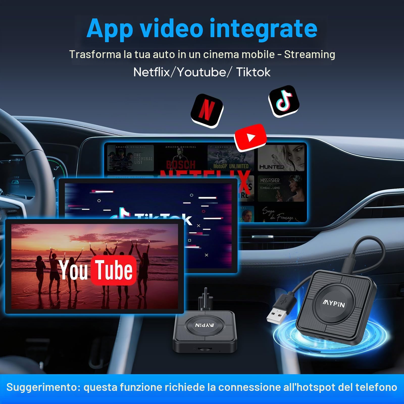 MYPIN Adattatore Wireless CarPlay 3 in 1, per Android Auto e Video, con Supporto Netflix/YouTube e Slot per Schede TF, Plug & Play, Compatibile con USB Type-C/A, per iPhone e Android