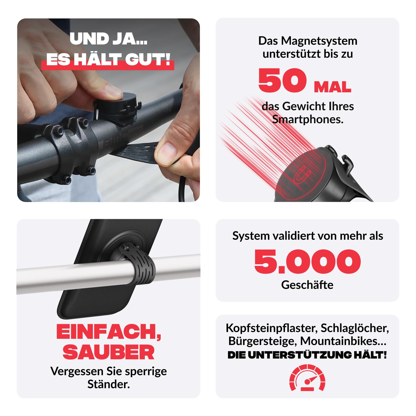 Shapeheart Magnetische Fahrrad-Handyhalterung, abnehmbar & Weatherproof | Für alle Handys | Lenker & Vorbau 20–50 mm | 1-Hand-Bedienung | Touchscreen | Dämpft Vibrationen | MTB, E-Bike, E-Scooter