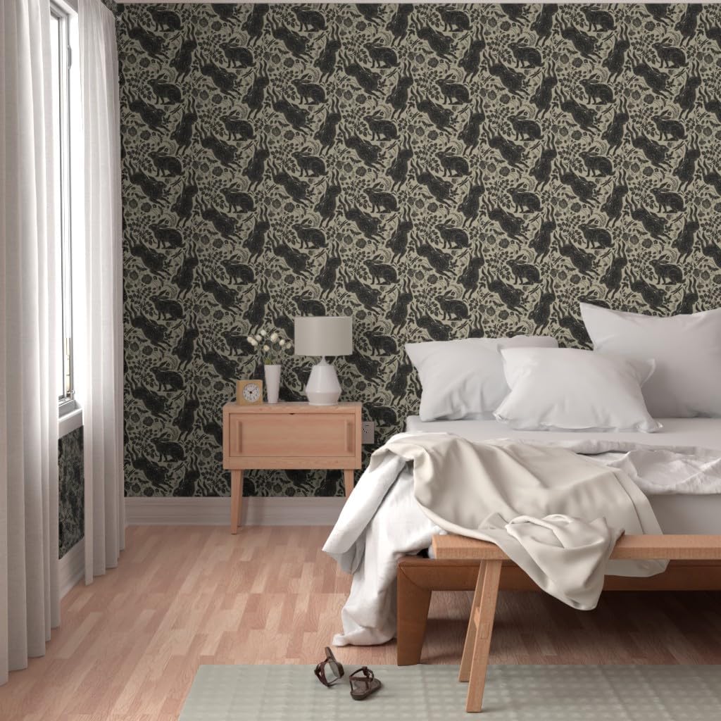 Spoonflower Removable Wallpaper Swatch - Woodland Rabbit Bunny Tan Neutral Folk Art Style Botanical Woodblock Linocut Custom Pre-Pasted Wallpaper